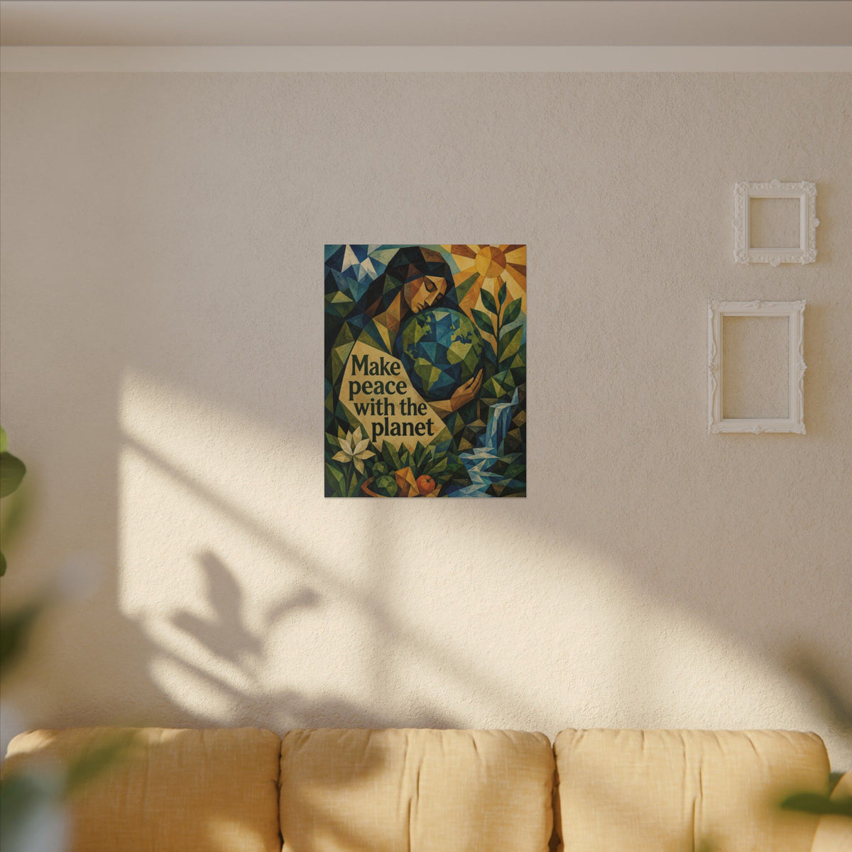 "MAKE PEACE WITH THE PLANET" (Cubist art style). Earthsmart Eco Canvas Wall Art (Matte Stretched Print).