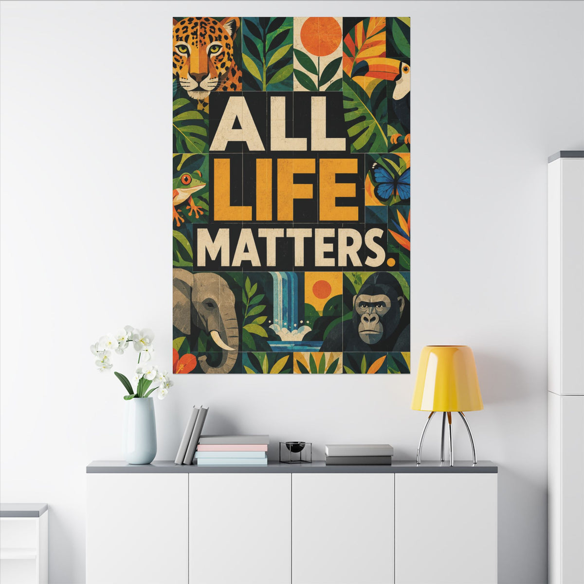 "ALL LIFE MATTERS" (Geometric art style) Earthsmart Canvas Wall Art — Jungle Wildlife. (Matte Stretched Print)