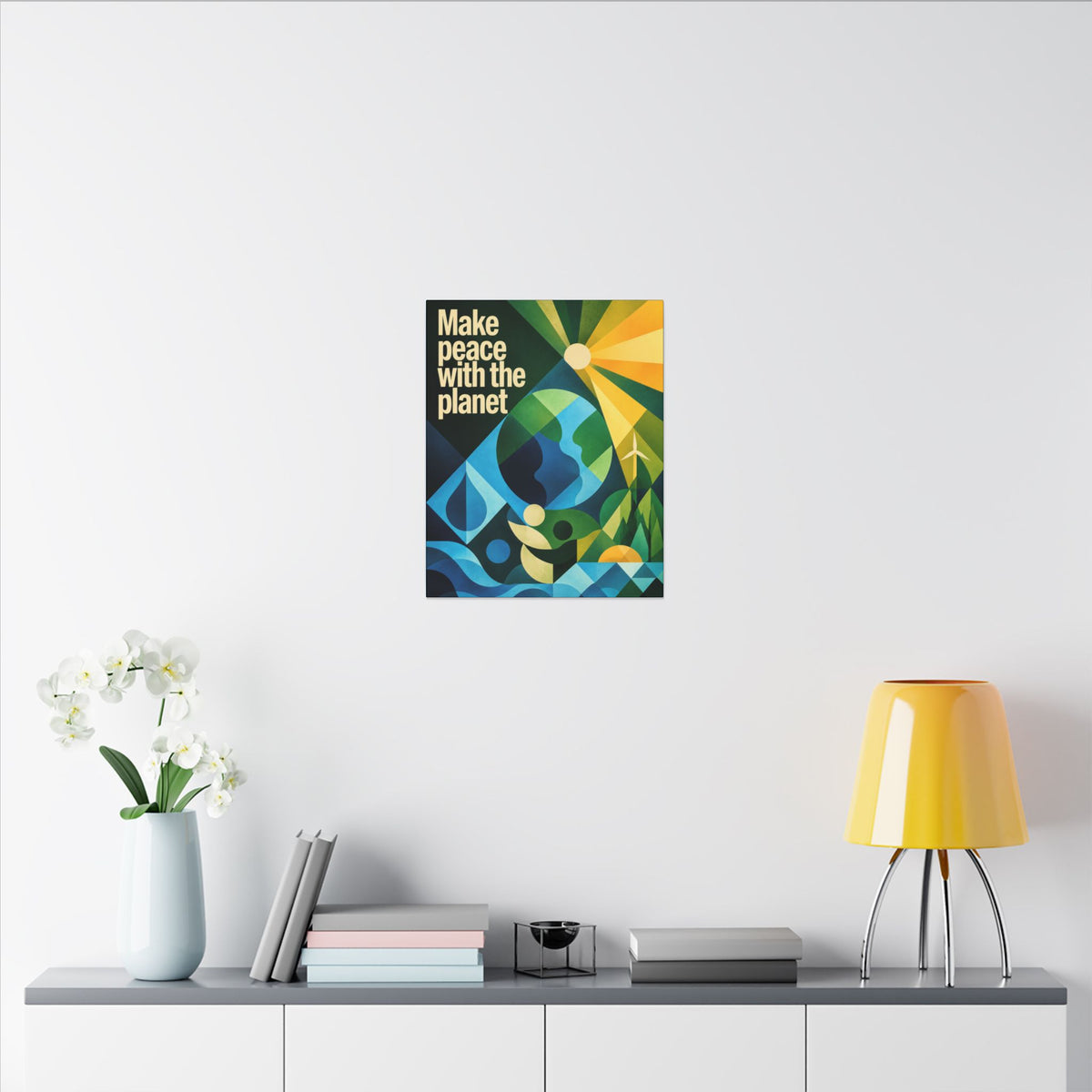 "MAKE PEACE WITH THE PLANET" (Radical Geometric art style). Earthsmart Eco Canvas Wall Art (Matte Stretched Print).