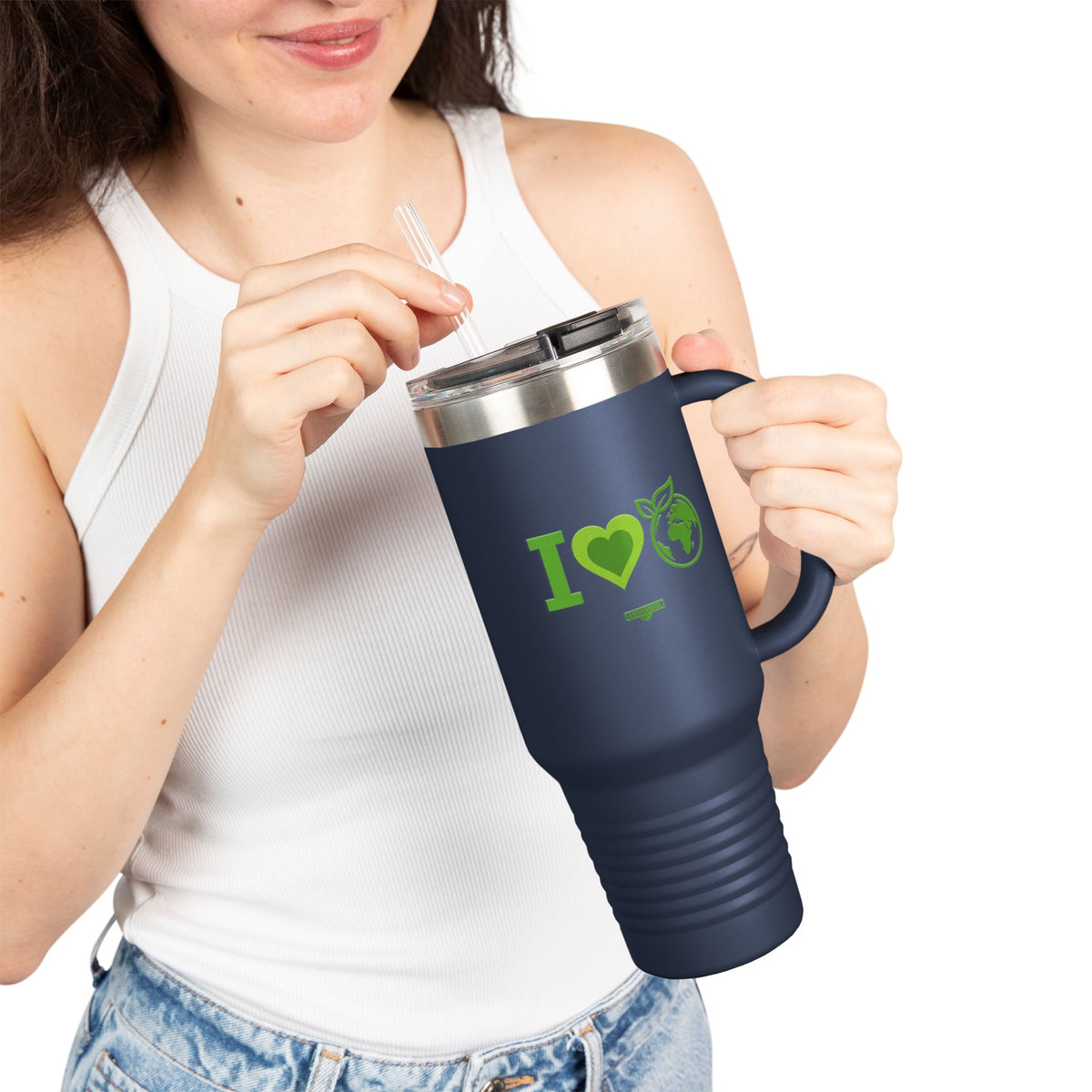 EARTHSMART ECO TUMBLER - 'I LOVE EARTH' version -  100% stainless steel (body), 100% recycled plastic (straw and lid).(1.8L - 40OZ)