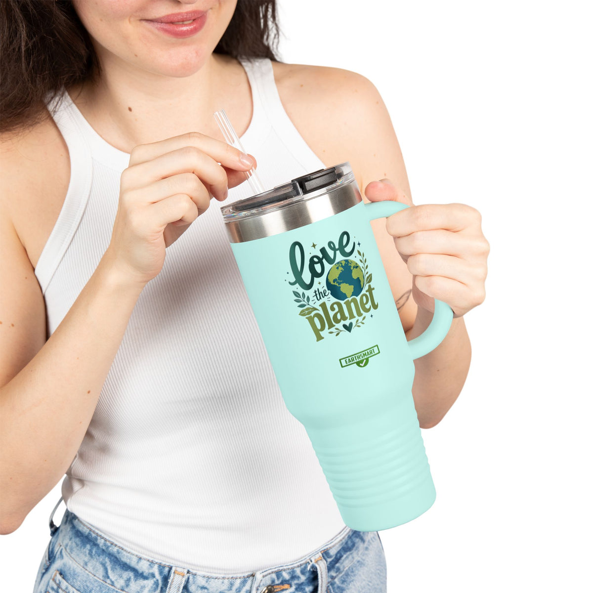 EARTHSMART ECO TUMBLER - 'LOVE THE PLANET' version -  100% stainless steel (body), 100% recycled plastic (straw and lid).(1.8L - 40OZ)