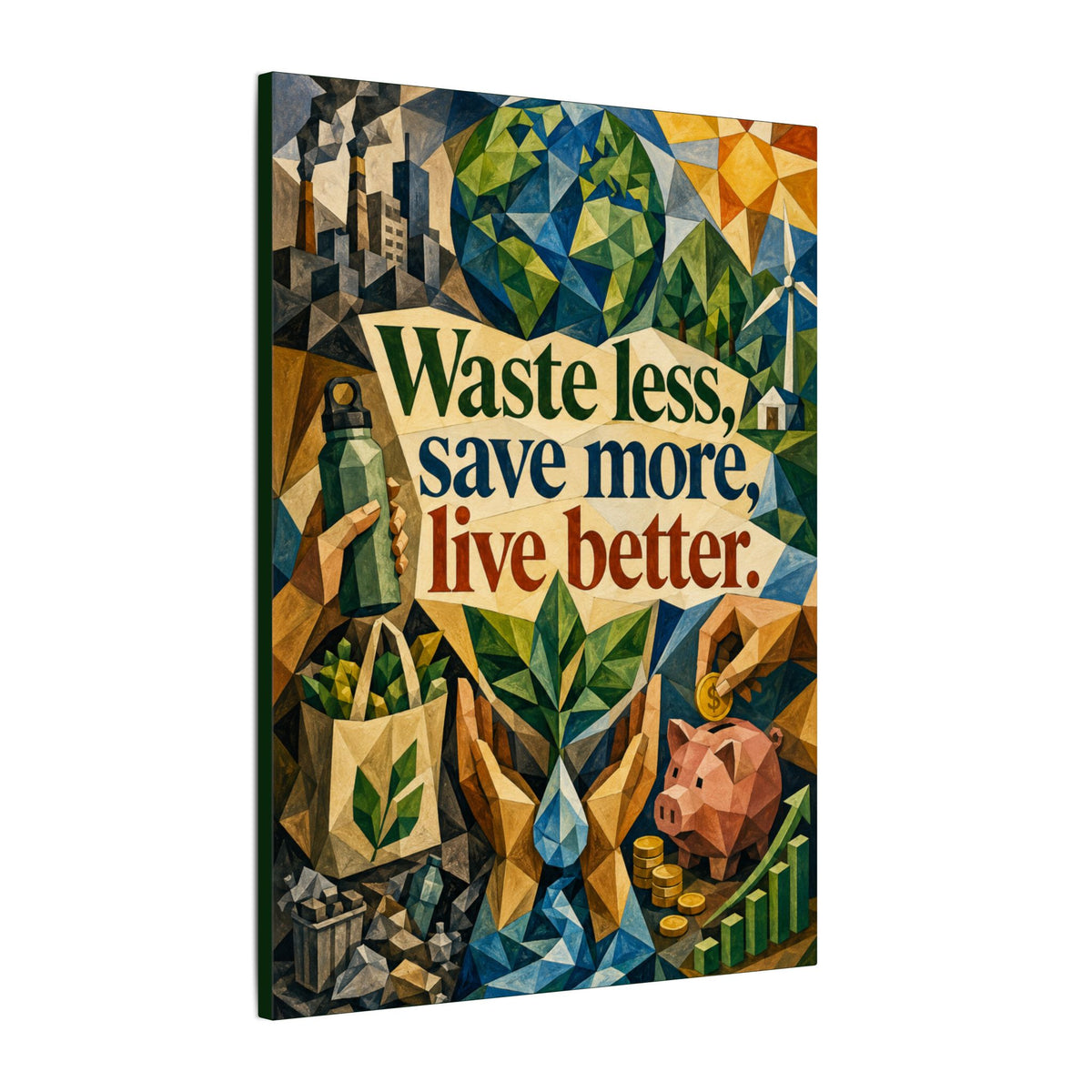 "WASTE LESS SAVE MORE, LIVE BETTTER." (Cubist art style). Earthsmart,  Eco-Friendly Inspirational Wall Art