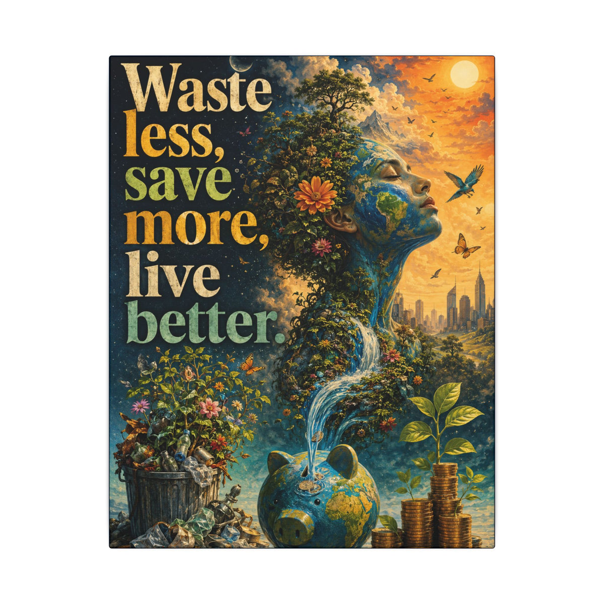 "WASTE LESS, SAVE MORE, LIVE BETTER." - Earthsmart Eco-Friendly Inspirational Wall Art.