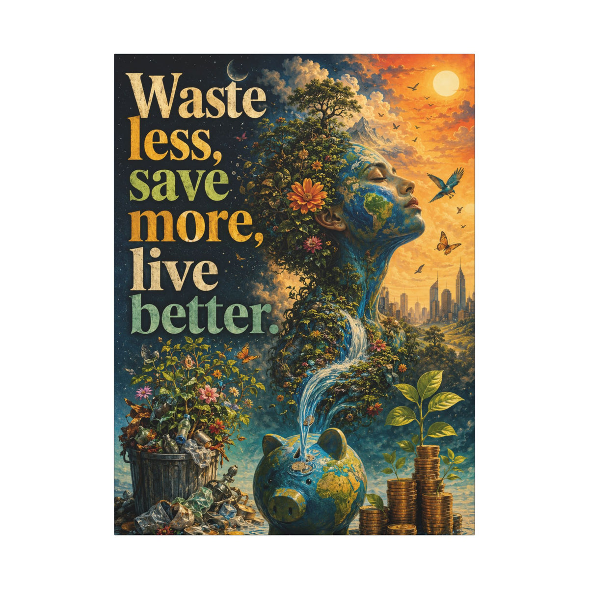 "WASTE LESS, SAVE MORE, LIVE BETTER." - Earthsmart Eco-Friendly Inspirational Wall Art.