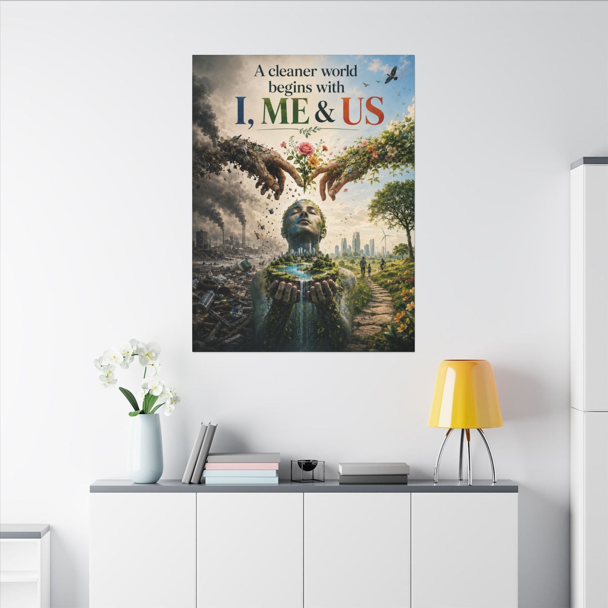 "A CLEANER WORLD BEGINS WITH I, ME & UD" (Surrealist art style). Earthsmart Canvas Wall Art. (Matte Stretched Canvas).