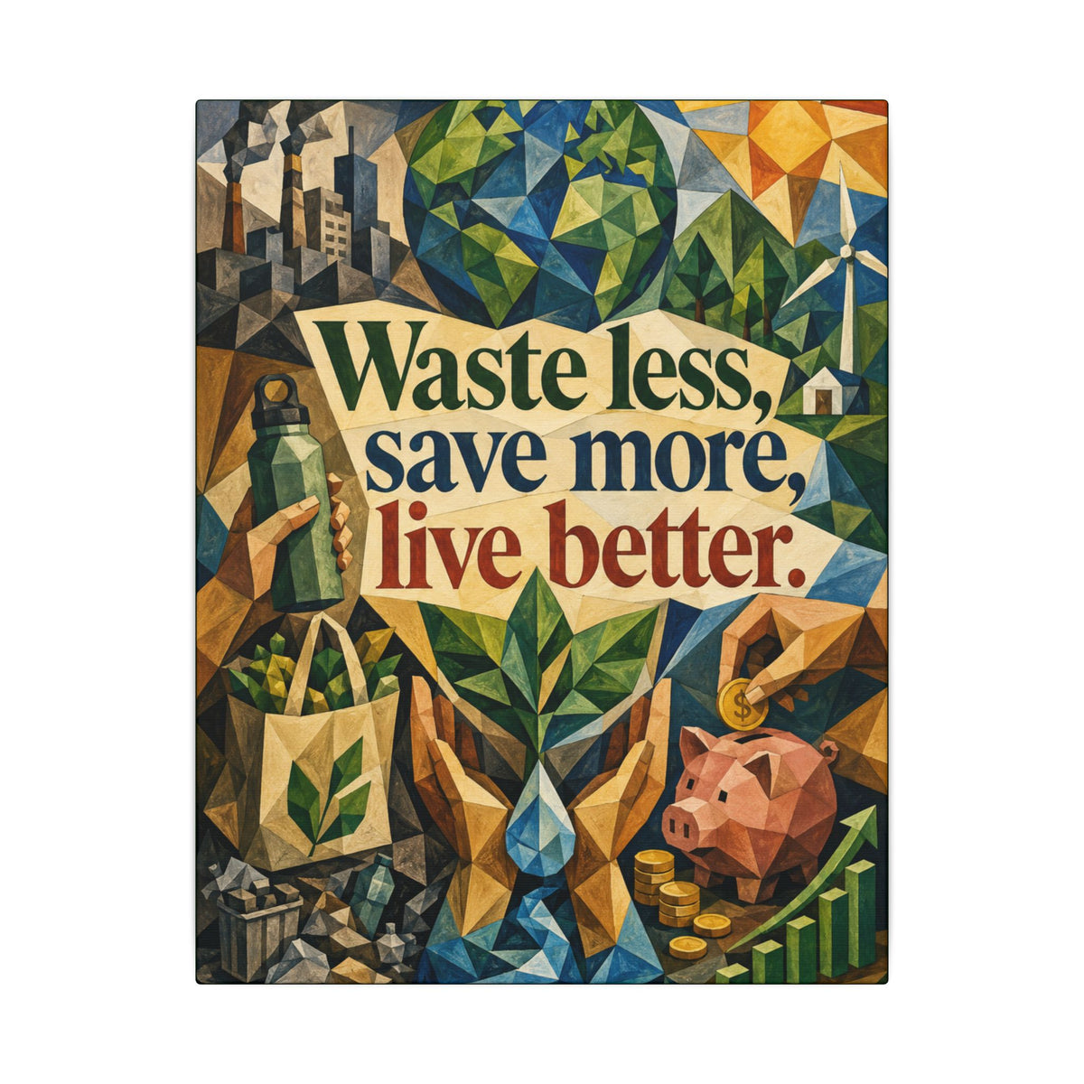 "WASTE LESS SAVE MORE, LIVE BETTTER." (Cubist art style). Earthsmart,  Eco-Friendly Inspirational Wall Art