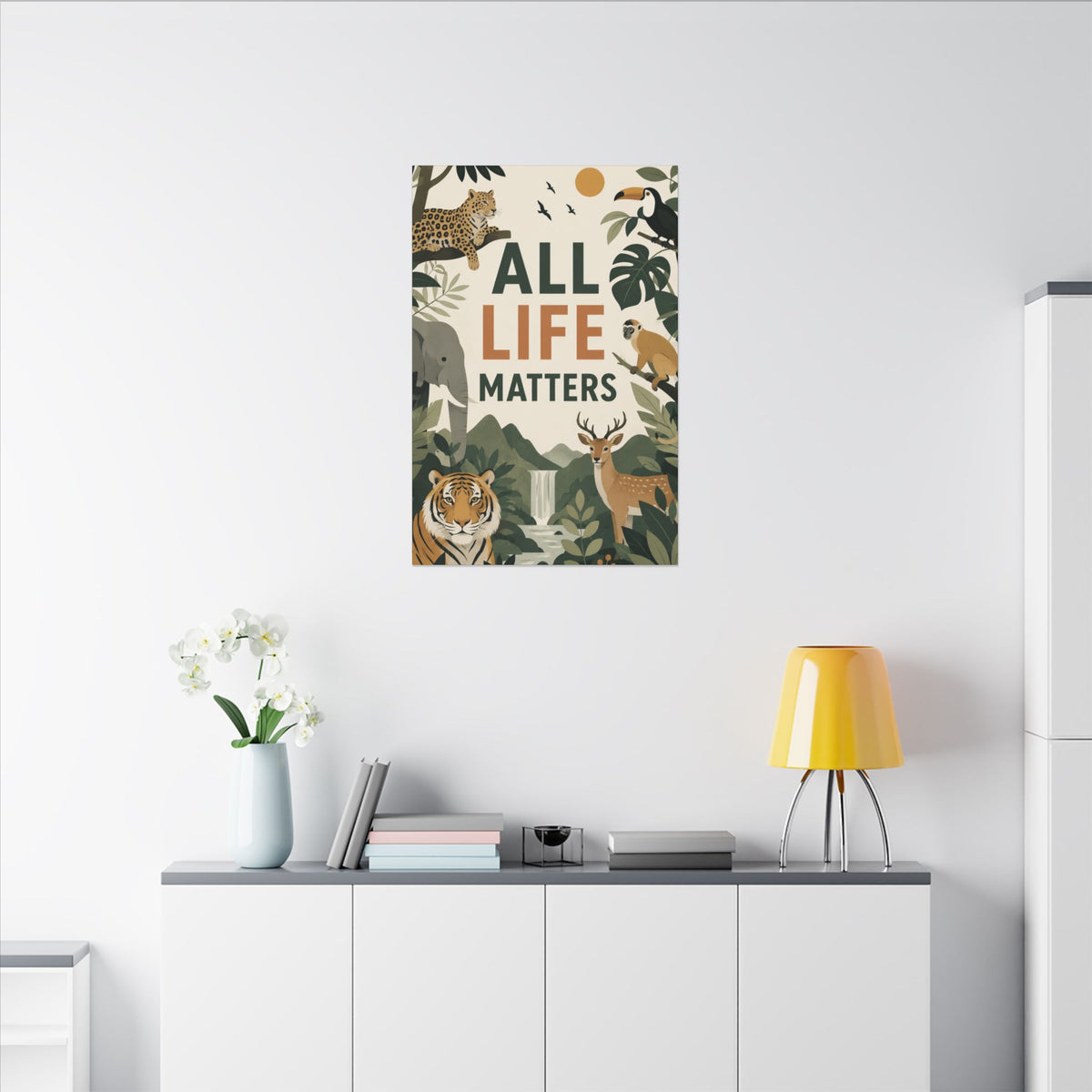 "ALL LIFE MATTERS" (modern art style) - Earthsmart Canvas Wall Art. Jungle Wildlife. (Matte Stretched Print).