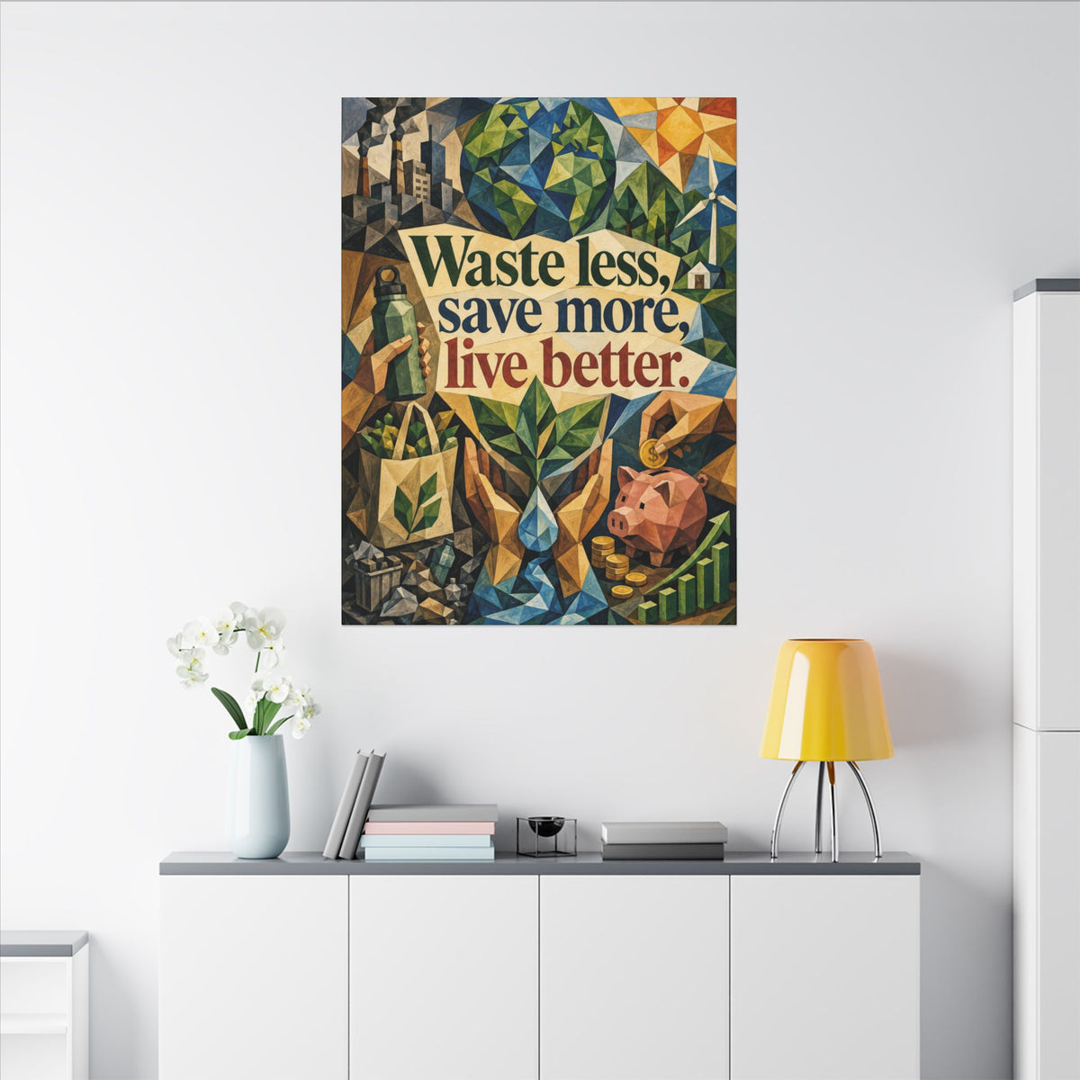 "WASTE LESS SAVE MORE, LIVE BETTTER." (Cubist art style). Earthsmart,  Eco-Friendly Inspirational Wall Art
