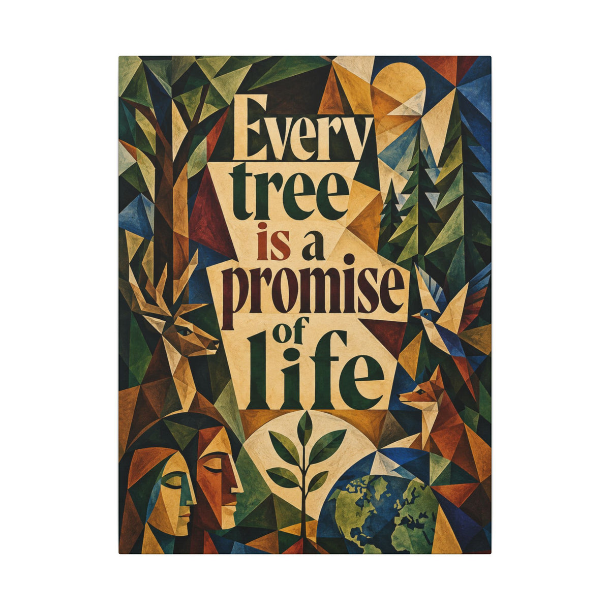 "EVERY TREE IS A PROMISE OF LIFE" (Cubist art style). Earthsmart Eco Canvas Wall Art (Matte Stretched Print).