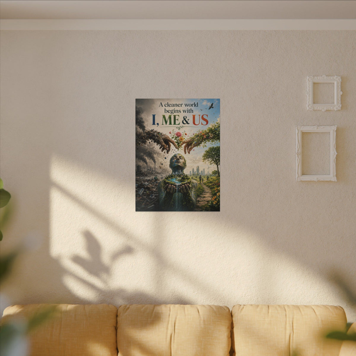 "A CLEANER WORLD BEGINS WITH I, ME & UD" (Surrealist art style). Earthsmart Canvas Wall Art. (Matte Stretched Canvas).