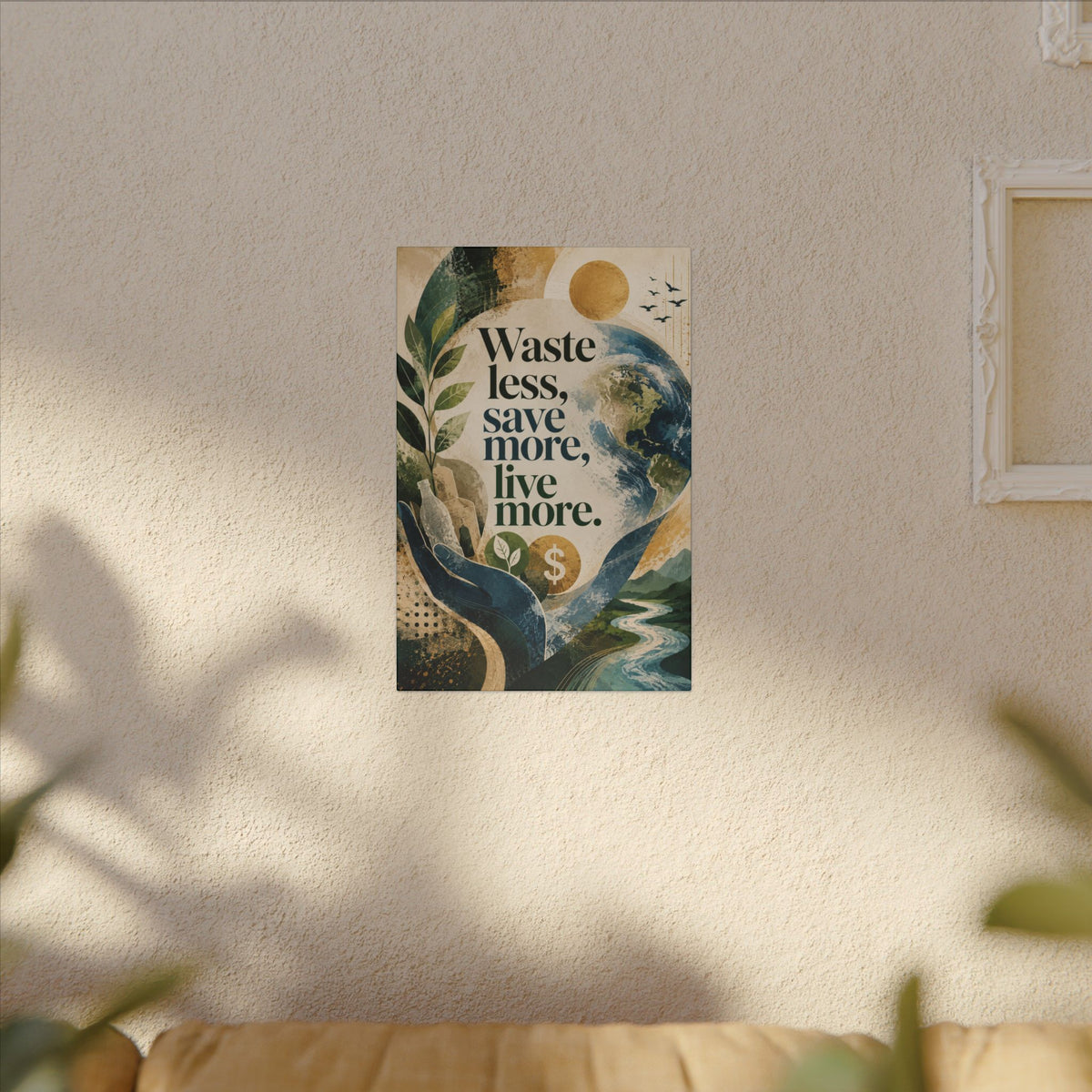 "WASTE LESS, SAVE MORE, LIVE MORE.”(abstract art style).  Earthsmart Eco Motivational Print