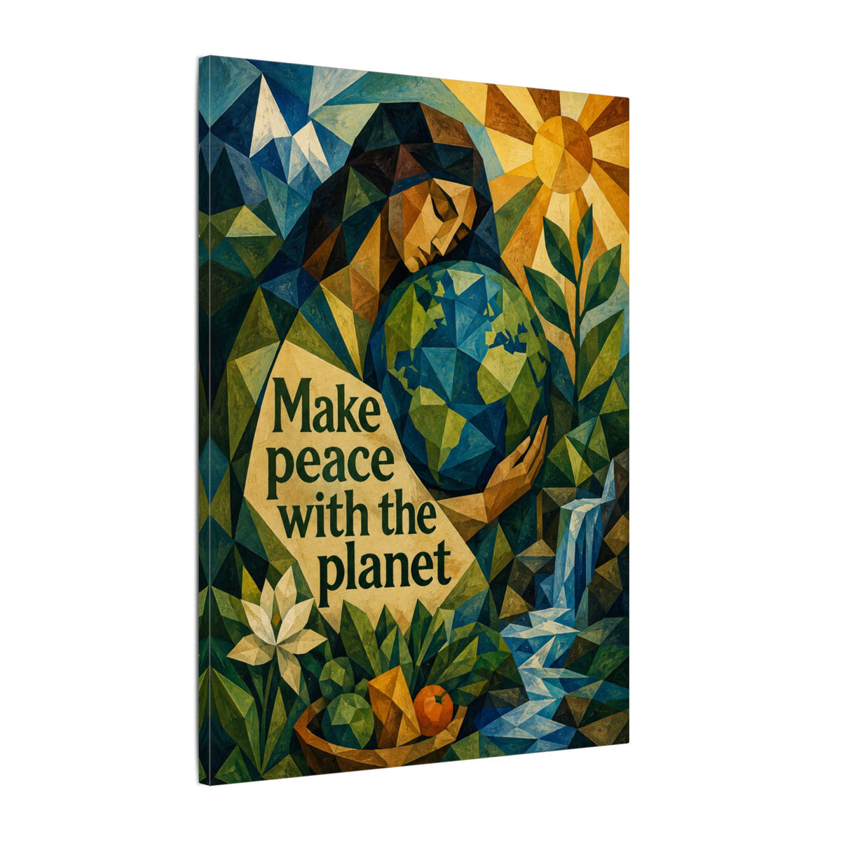 "MAKE PEACE WITH THE PLANET" (Cubist art style). Earthsmart Eco Canvas Wall Art (Matte Stretched Print).