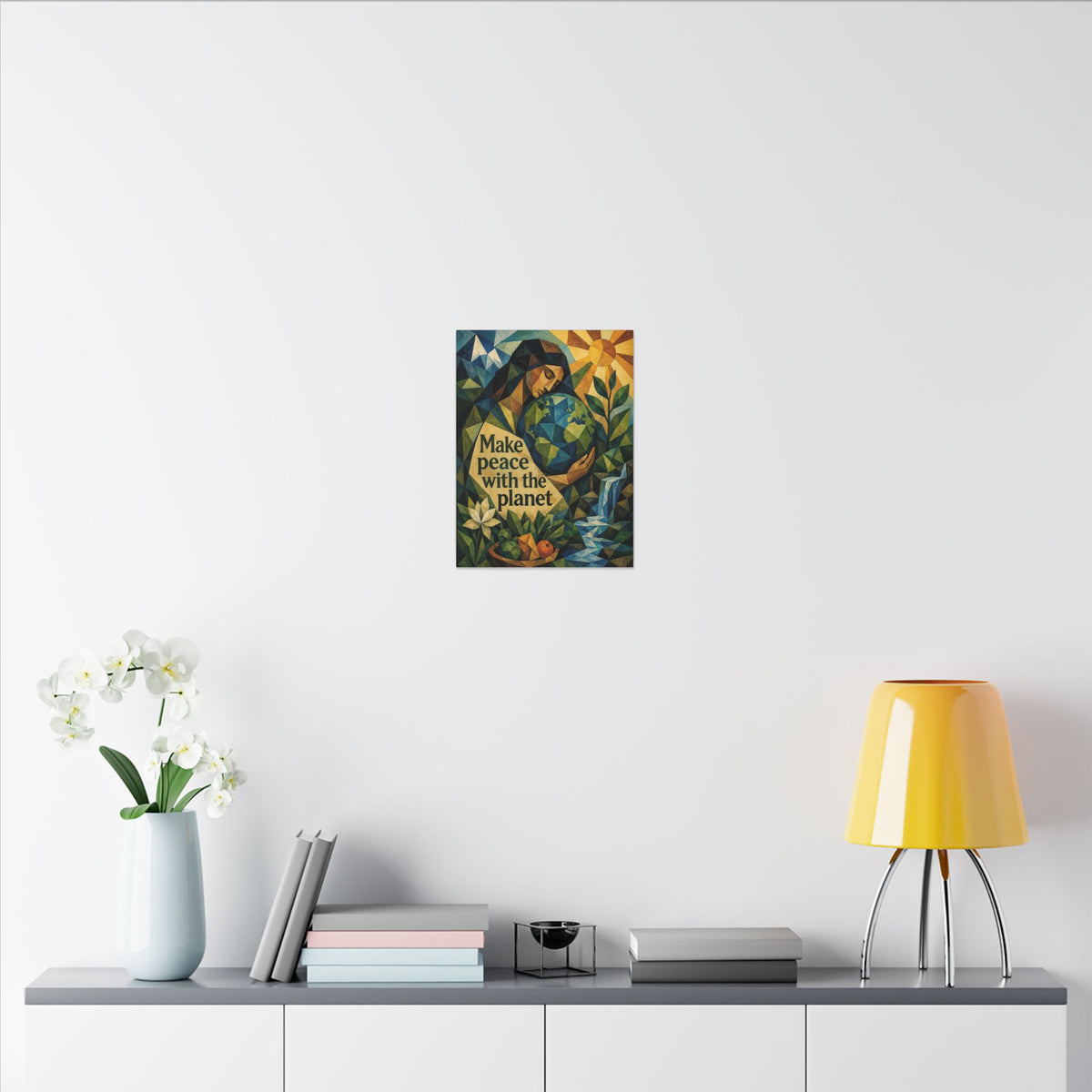 "MAKE PEACE WITH THE PLANET" (Cubist art style). Earthsmart Eco Canvas Wall Art (Matte Stretched Print).