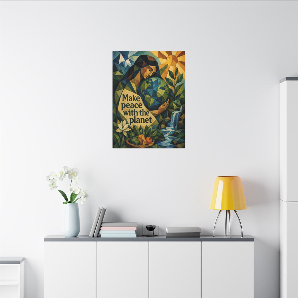 "MAKE PEACE WITH THE PLANET" (Cubist art style). Earthsmart Eco Canvas Wall Art (Matte Stretched Print).
