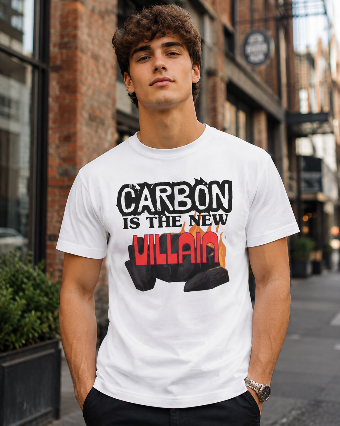 Earthsmart 'EARTH MOOD' Tee — "CARBON IS THE NEW VILLIAN". (UNISEX).