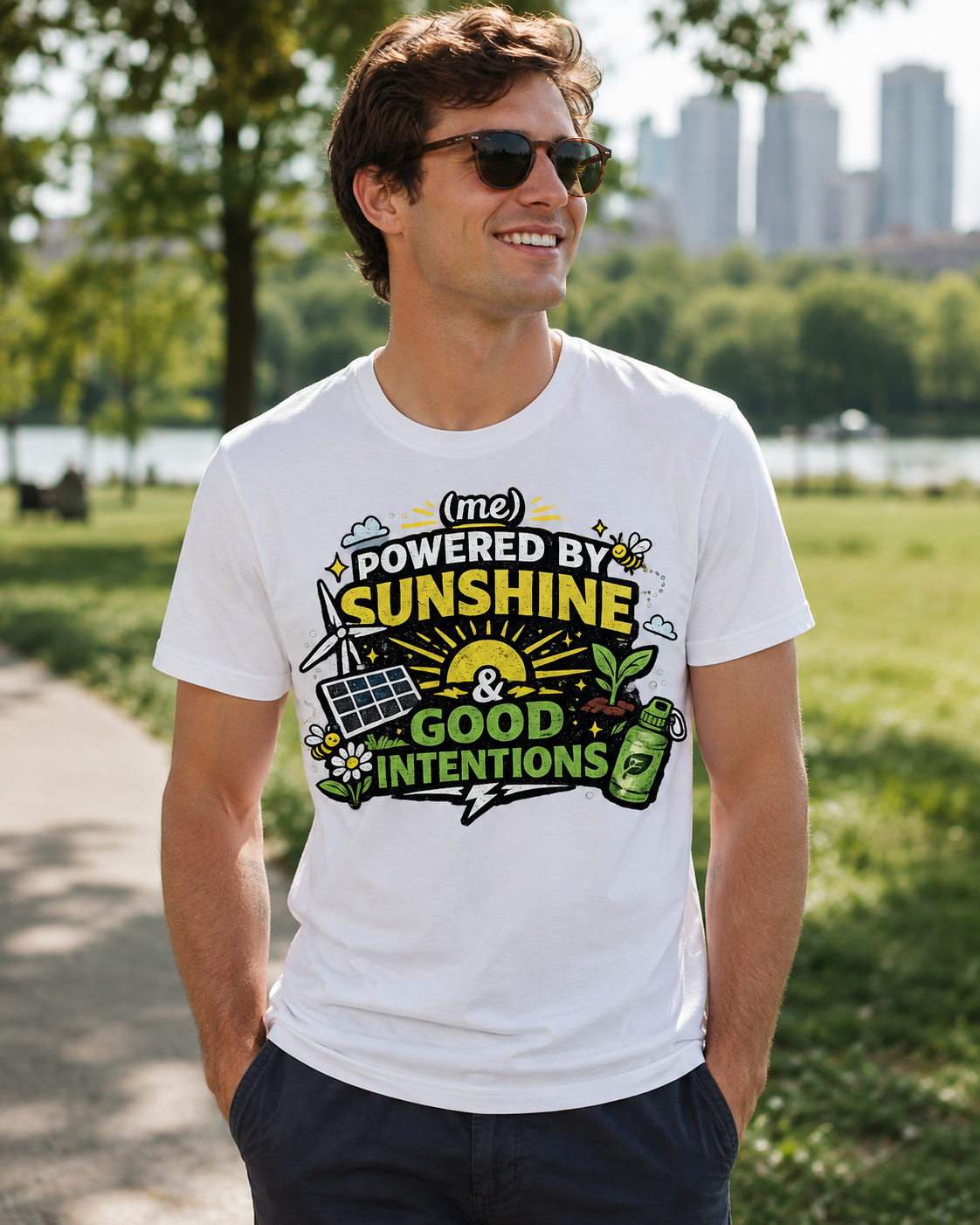 Earthsmart 'EARTH MOOD' Tee — "POWERED BY SUNSHINE". (UNISEX).