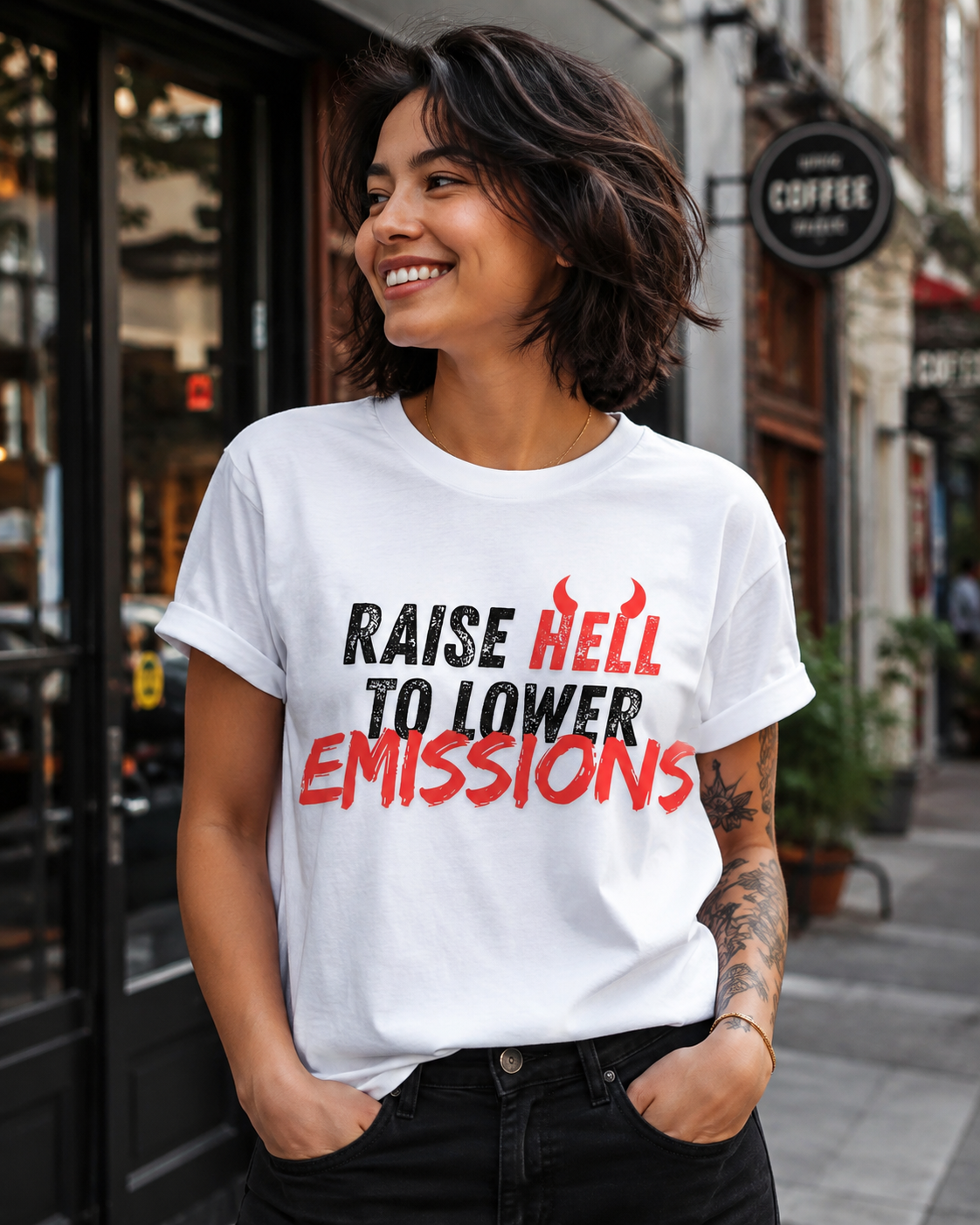 Earthsmart 'EARTH MOOD' Tee — "RAISE HELL TO LOWER EMISSIONS".  (UNISEX).