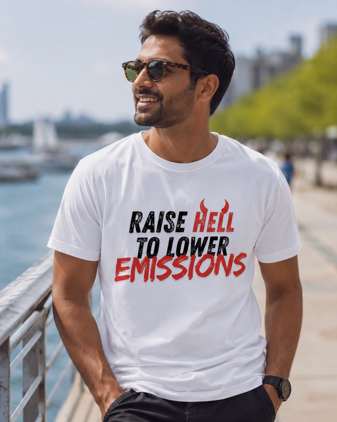 Earthsmart 'EARTH MOOD' Tee — "RAISE HELL TO LOWER EMISSIONS".  (UNISEX).