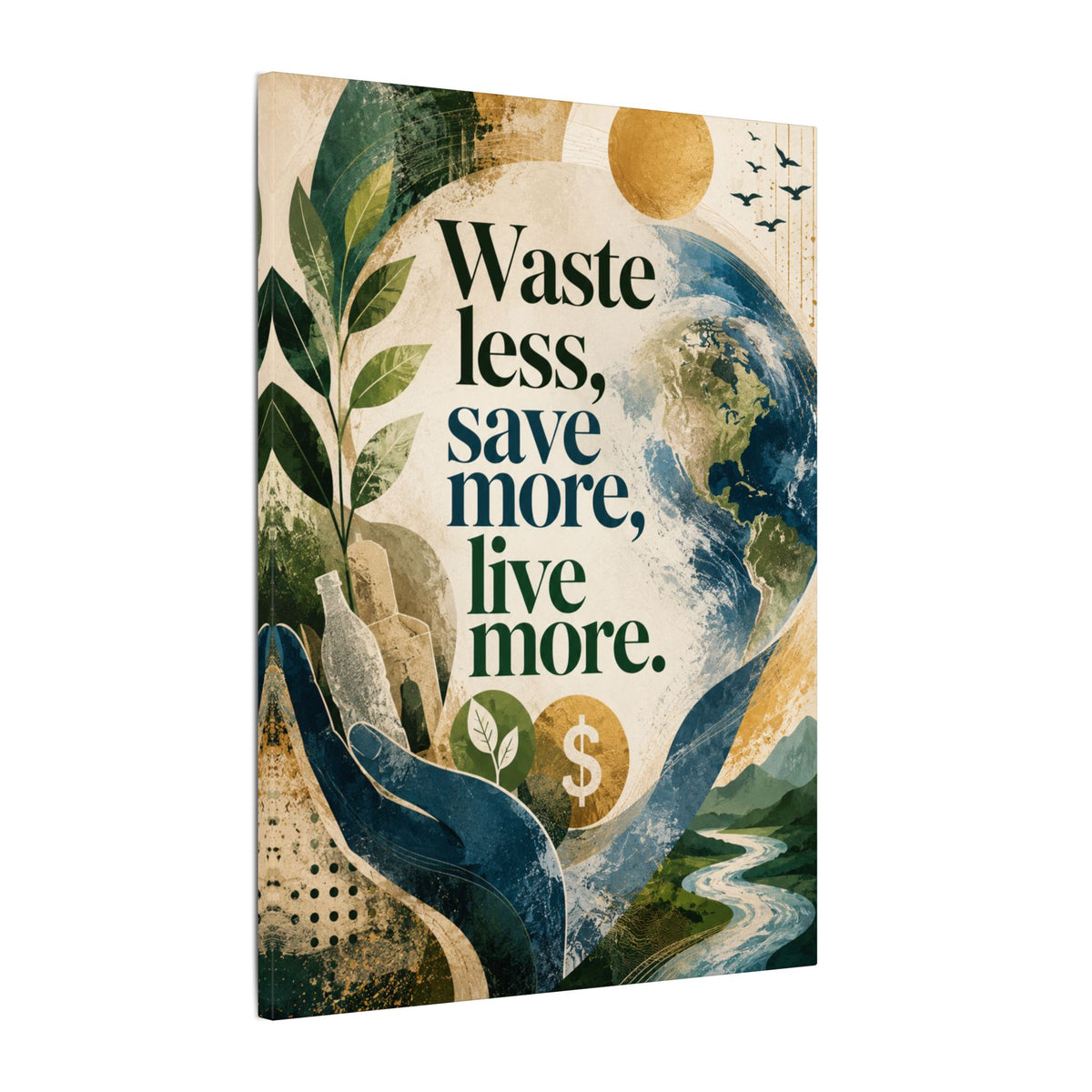 "WASTE LESS, SAVE MORE, LIVE MORE.”(abstract art style).  Earthsmart Eco Motivational Print