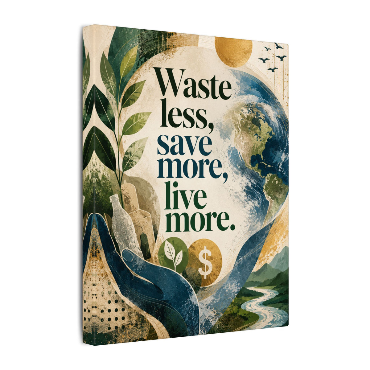 "WASTE LESS, SAVE MORE, LIVE MORE.”(abstract art style).  Earthsmart Eco Motivational Print