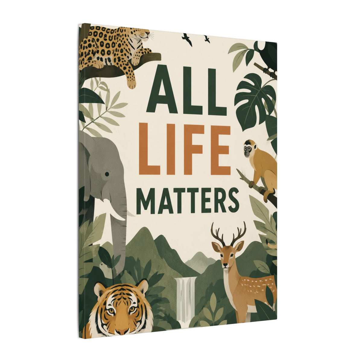 "ALL LIFE MATTERS" (modern art style) - Earthsmart Canvas Wall Art. Jungle Wildlife. (Matte Stretched Print).