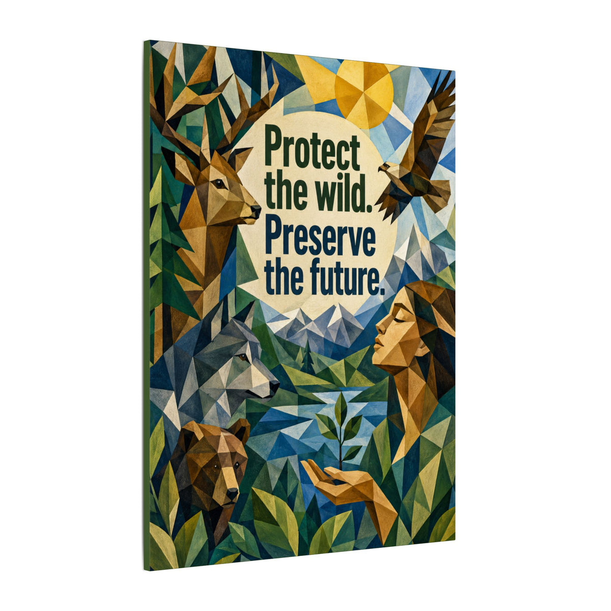 "PROTECT THE WILD PRESERVE THE FUTURE" (Cubist art style). Earthsmart Eco Canvas Wall Art (Matte Stretched Print).