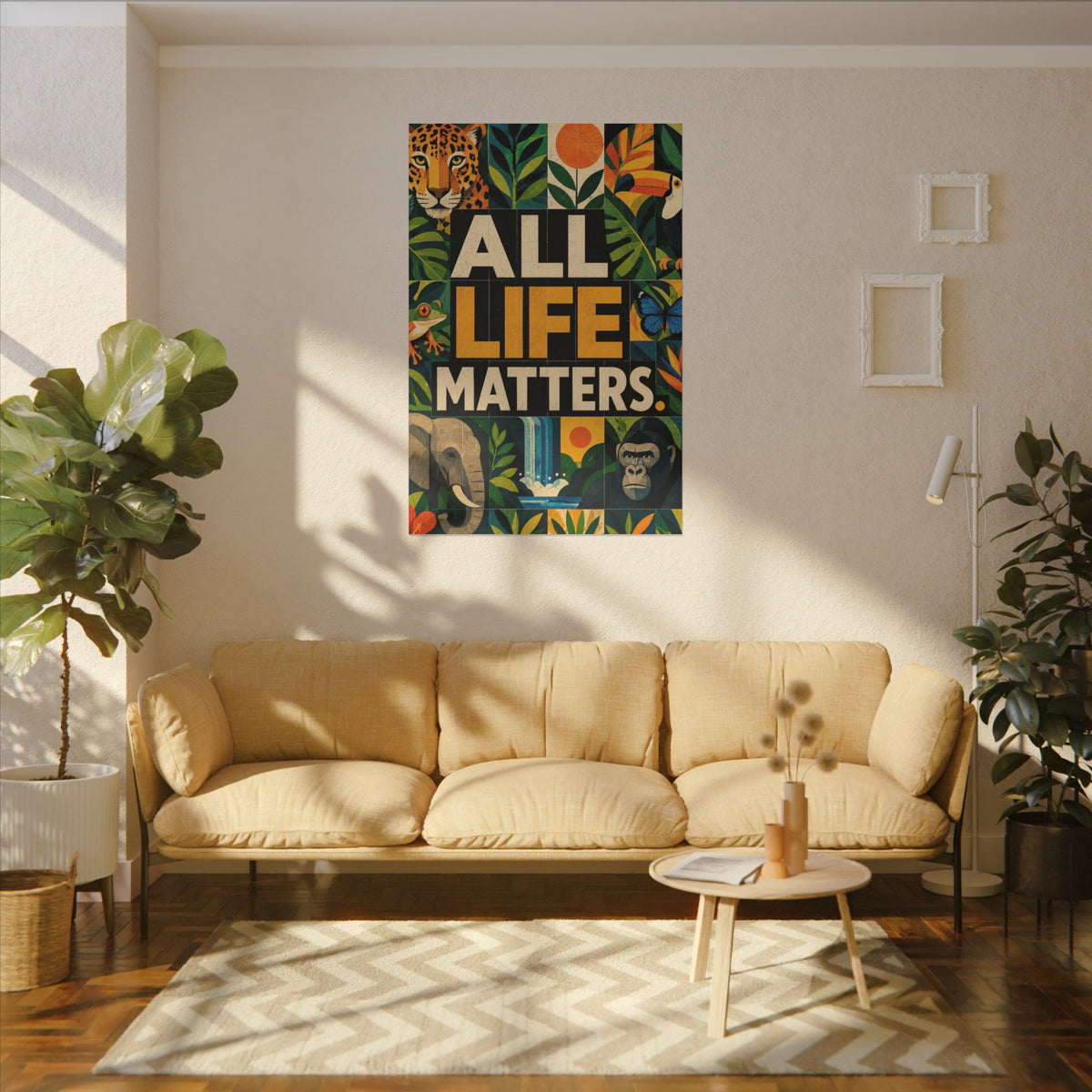 "ALL LIFE MATTERS" (Geometric art style) Earthsmart Canvas Wall Art — Jungle Wildlife. (Matte Stretched Print)