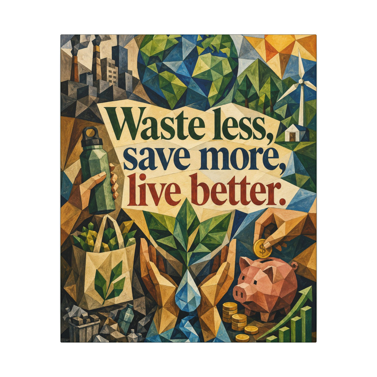 "WASTE LESS SAVE MORE, LIVE BETTTER." (Cubist art style). Earthsmart,  Eco-Friendly Inspirational Wall Art