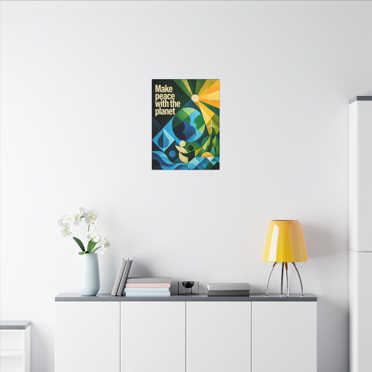 "MAKE PEACE WITH THE PLANET" (Radical Geometric art style). Earthsmart Eco Canvas Wall Art (Matte Stretched Print).