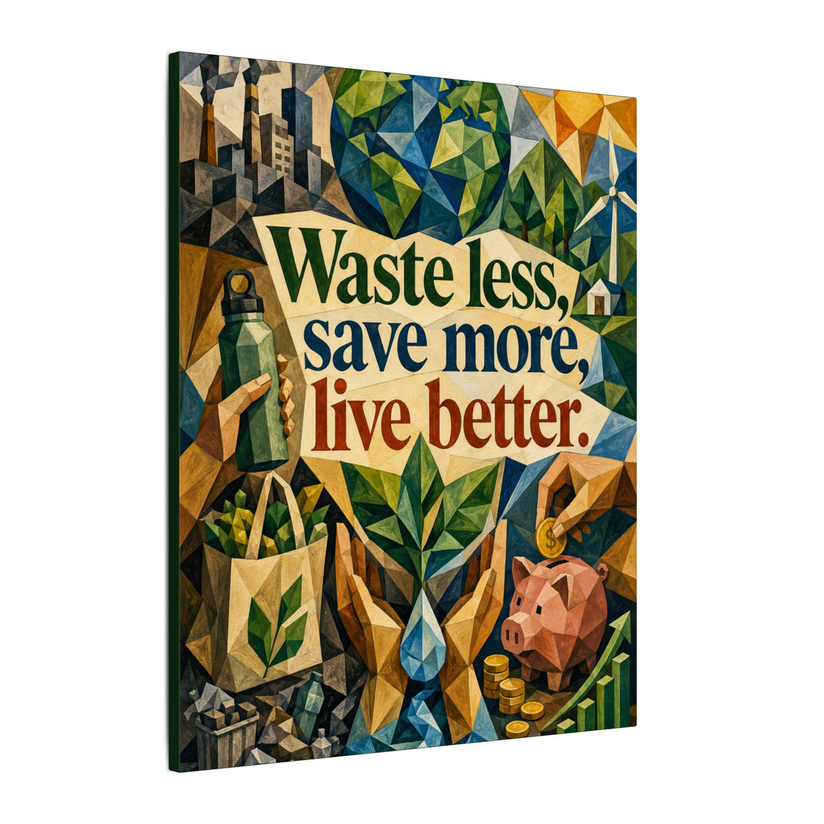 "WASTE LESS SAVE MORE, LIVE BETTTER." (Cubist art style). Earthsmart,  Eco-Friendly Inspirational Wall Art