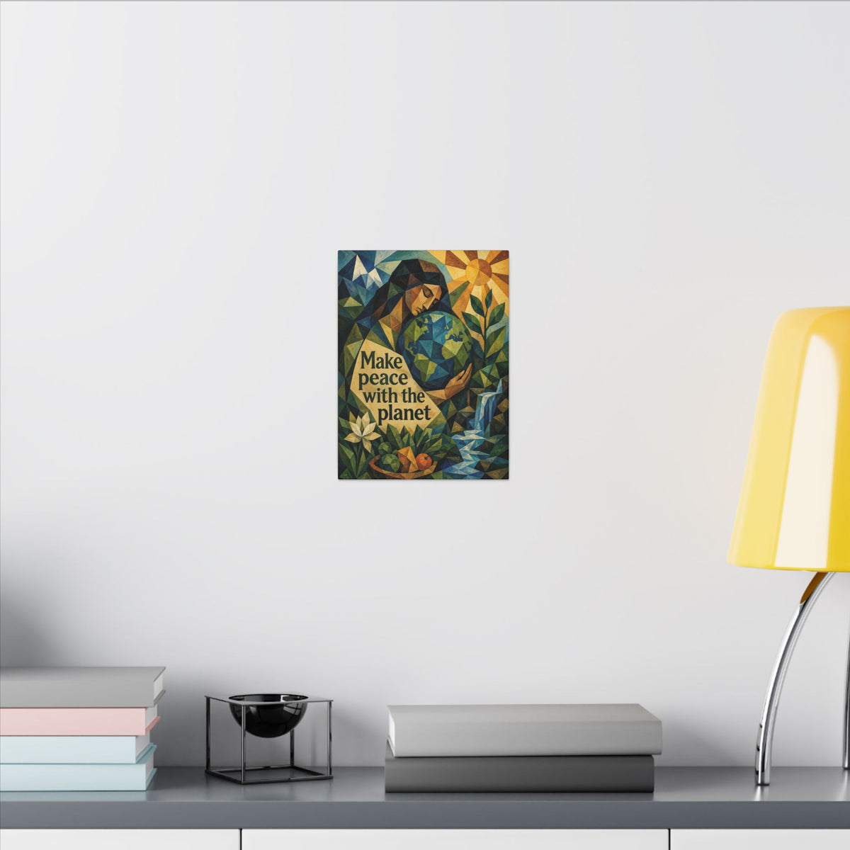 "MAKE PEACE WITH THE PLANET" (Cubist art style). Earthsmart Eco Canvas Wall Art (Matte Stretched Print).