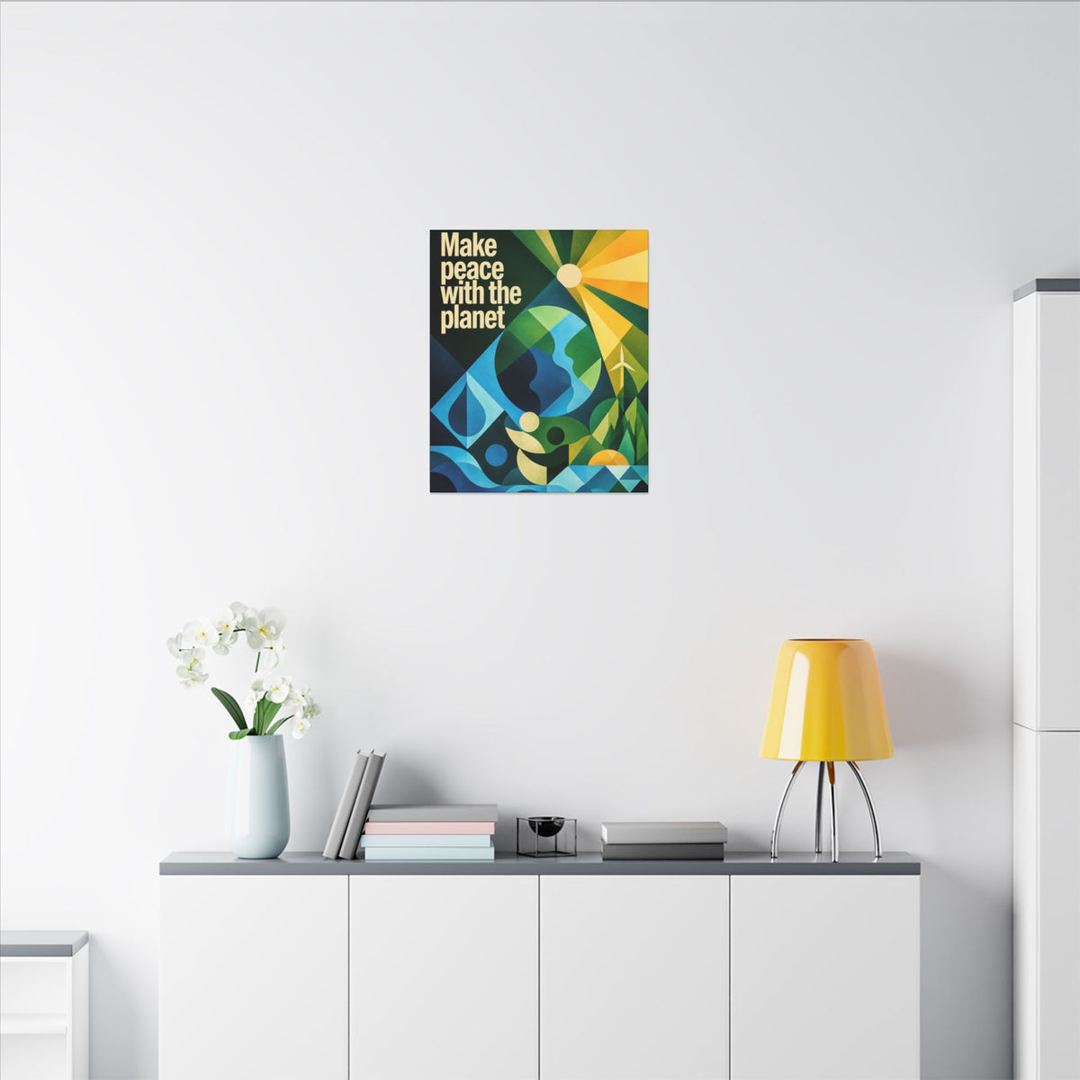 "MAKE PEACE WITH THE PLANET" (Radical Geometric art style). Earthsmart Eco Canvas Wall Art (Matte Stretched Print).