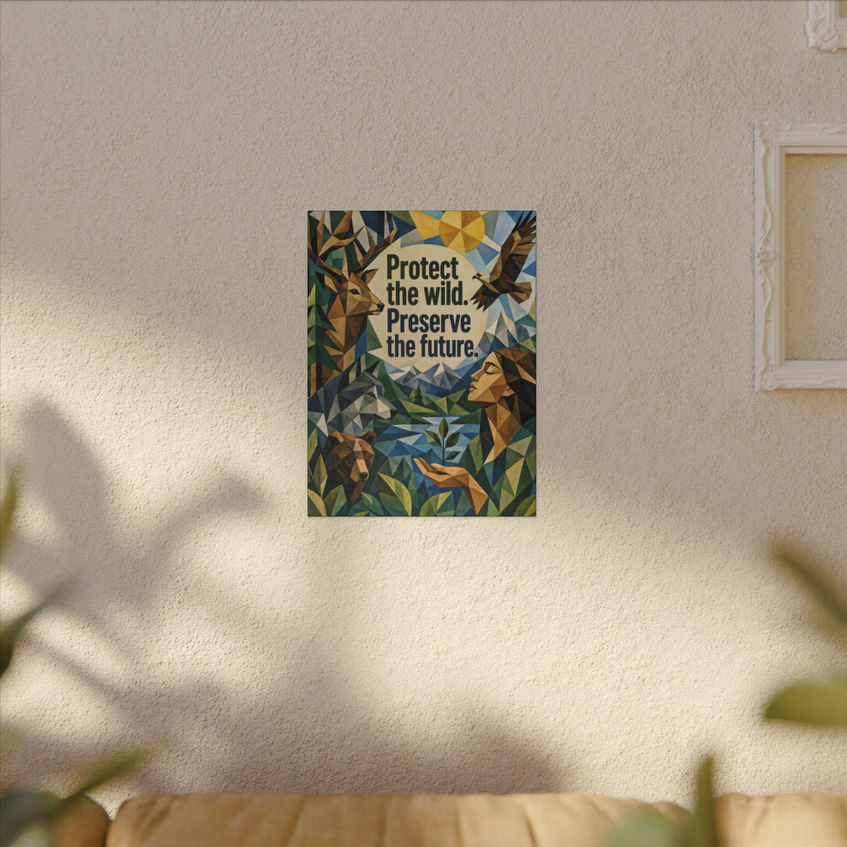 "PROTECT THE WILD PRESERVE THE FUTURE" (Cubist art style). Earthsmart Eco Canvas Wall Art (Matte Stretched Print).