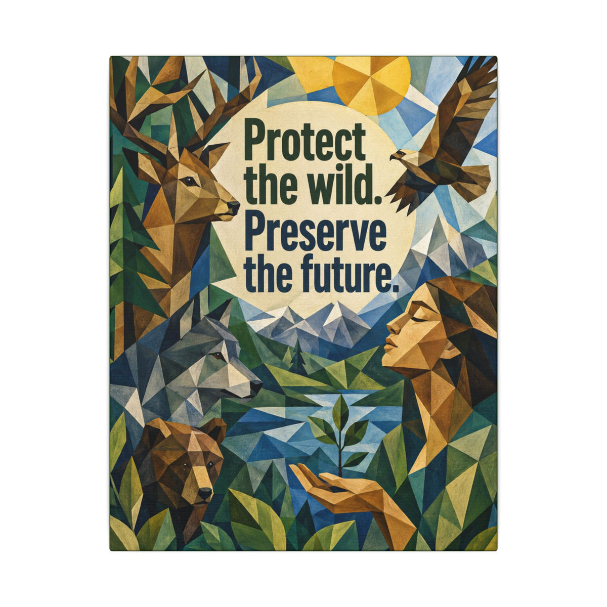 "PROTECT THE WILD PRESERVE THE FUTURE" (Cubist art style). Earthsmart Eco Canvas Wall Art (Matte Stretched Print).