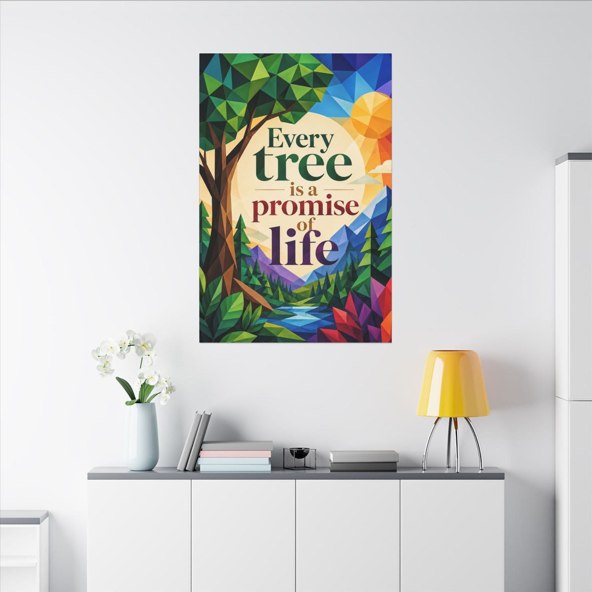 "EVERY TREE IS A PROMISE OF LIFE" (Geometric art style). Earthsmart Eco Canvas Wall Art (Matte Stretched Print).