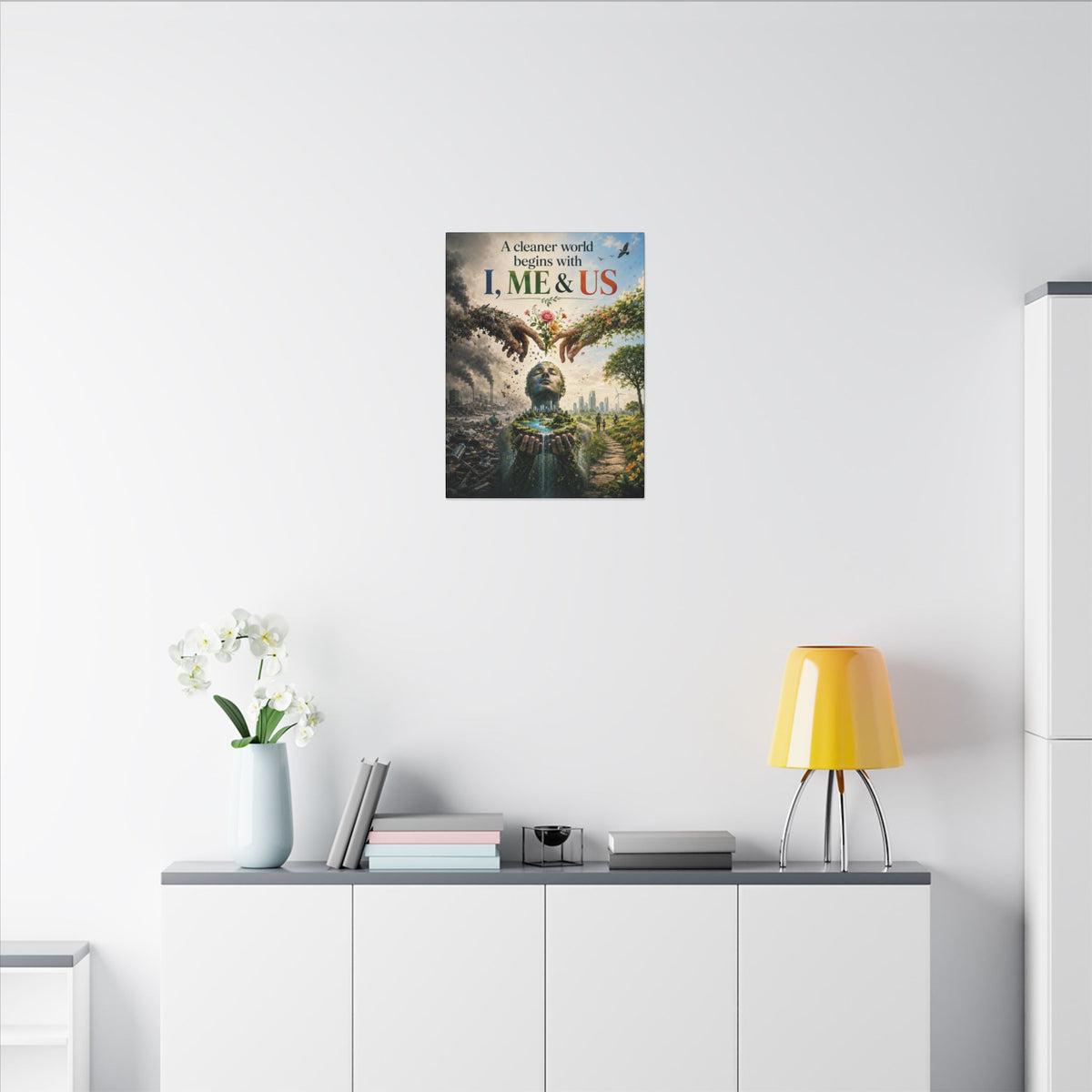 "A CLEANER WORLD BEGINS WITH I, ME & UD" (Surrealist art style). Earthsmart Canvas Wall Art. (Matte Stretched Canvas).