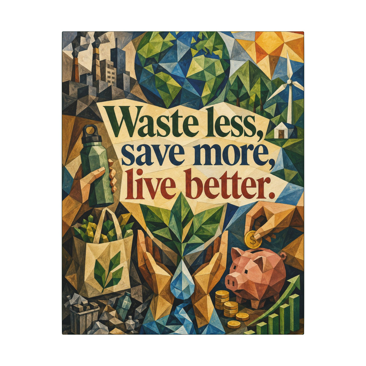 "WASTE LESS SAVE MORE, LIVE BETTTER." (Cubist art style). Earthsmart,  Eco-Friendly Inspirational Wall Art