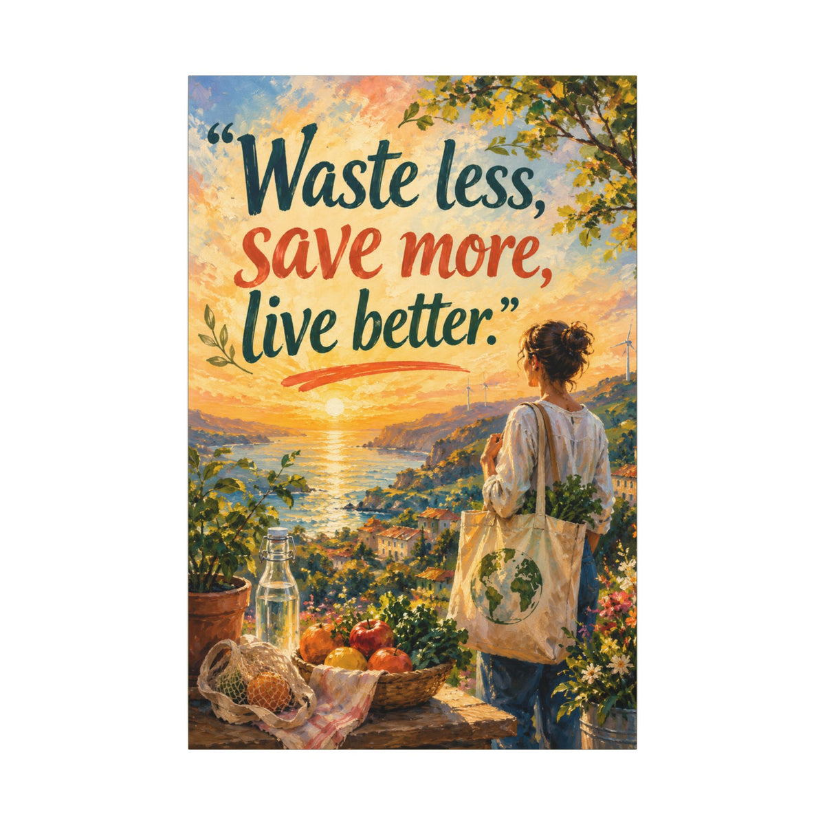 "WASTE LESS, SAVE MORE, LIVE BETTTER." (Impressionist art style). Earthsmart,  Eco-Friendly Inspirational Wall Art