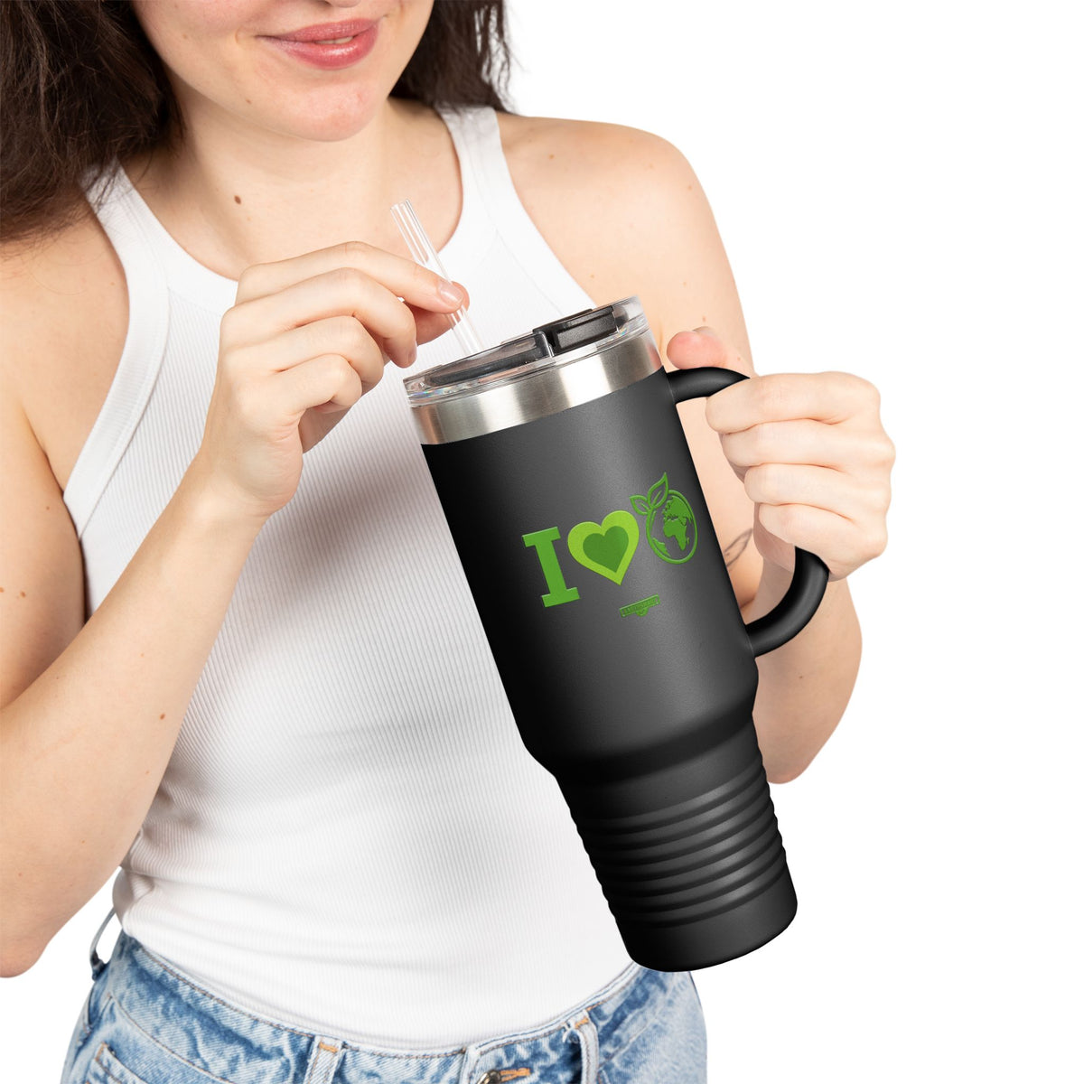 EARTHSMART ECO TUMBLER - 'I LOVE EARTH' version -  100% stainless steel (body), 100% recycled plastic (straw and lid).(1.8L - 40OZ)