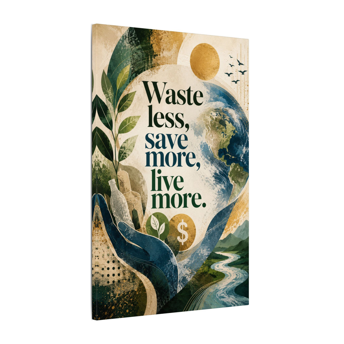 "WASTE LESS, SAVE MORE, LIVE MORE.”(abstract art style).  Earthsmart Eco Motivational Print