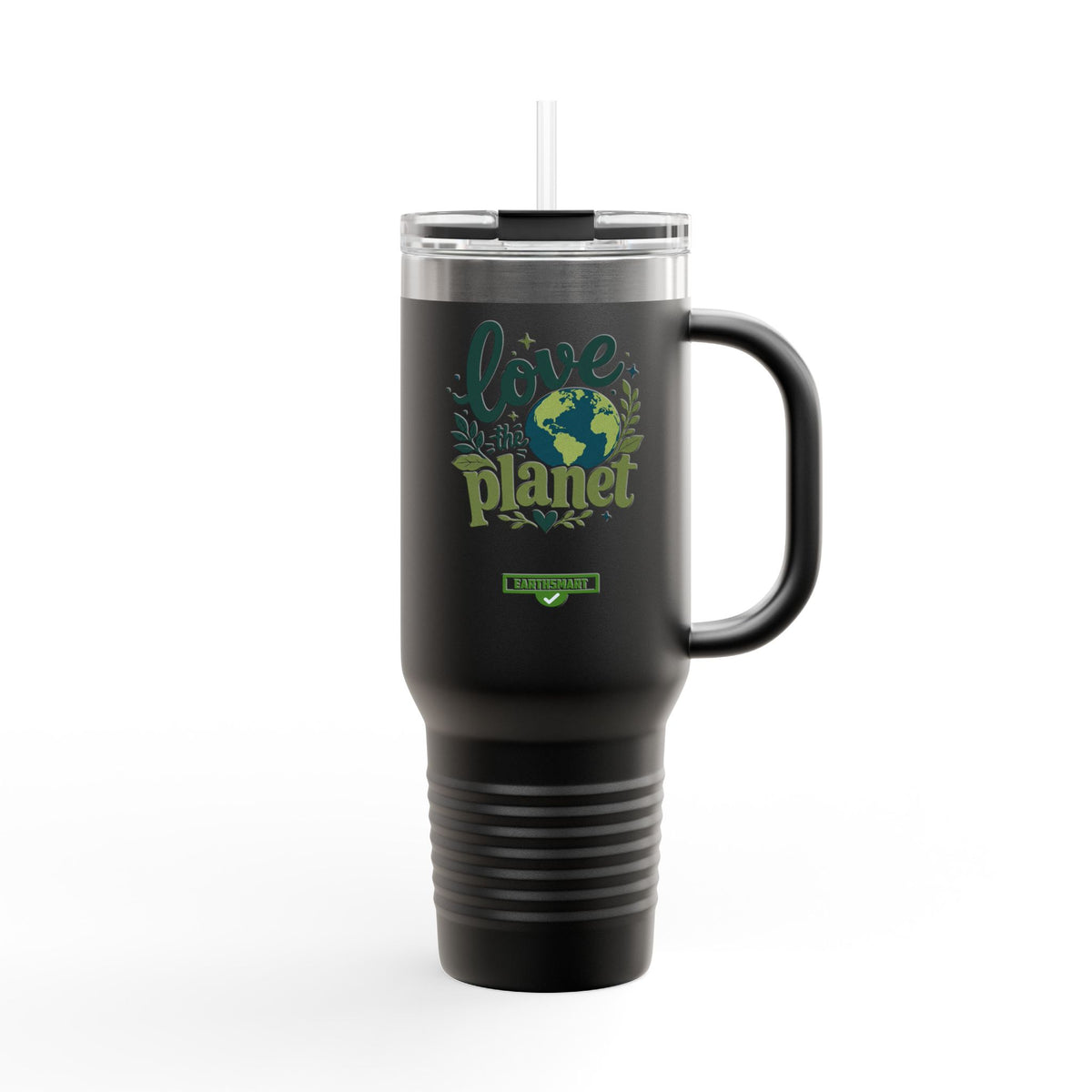 EARTHSMART ECO TUMBLER - 'LOVE THE PLANET' version -  100% stainless steel (body), 100% recycled plastic (straw and lid).(1.8L - 40OZ)