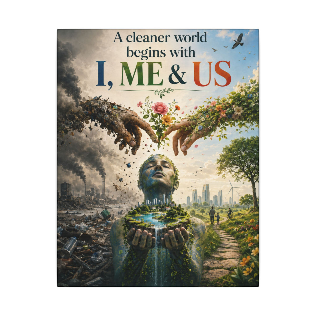 "A CLEANER WORLD BEGINS WITH I, ME & UD" (Surrealist art style). Earthsmart Canvas Wall Art. (Matte Stretched Canvas).