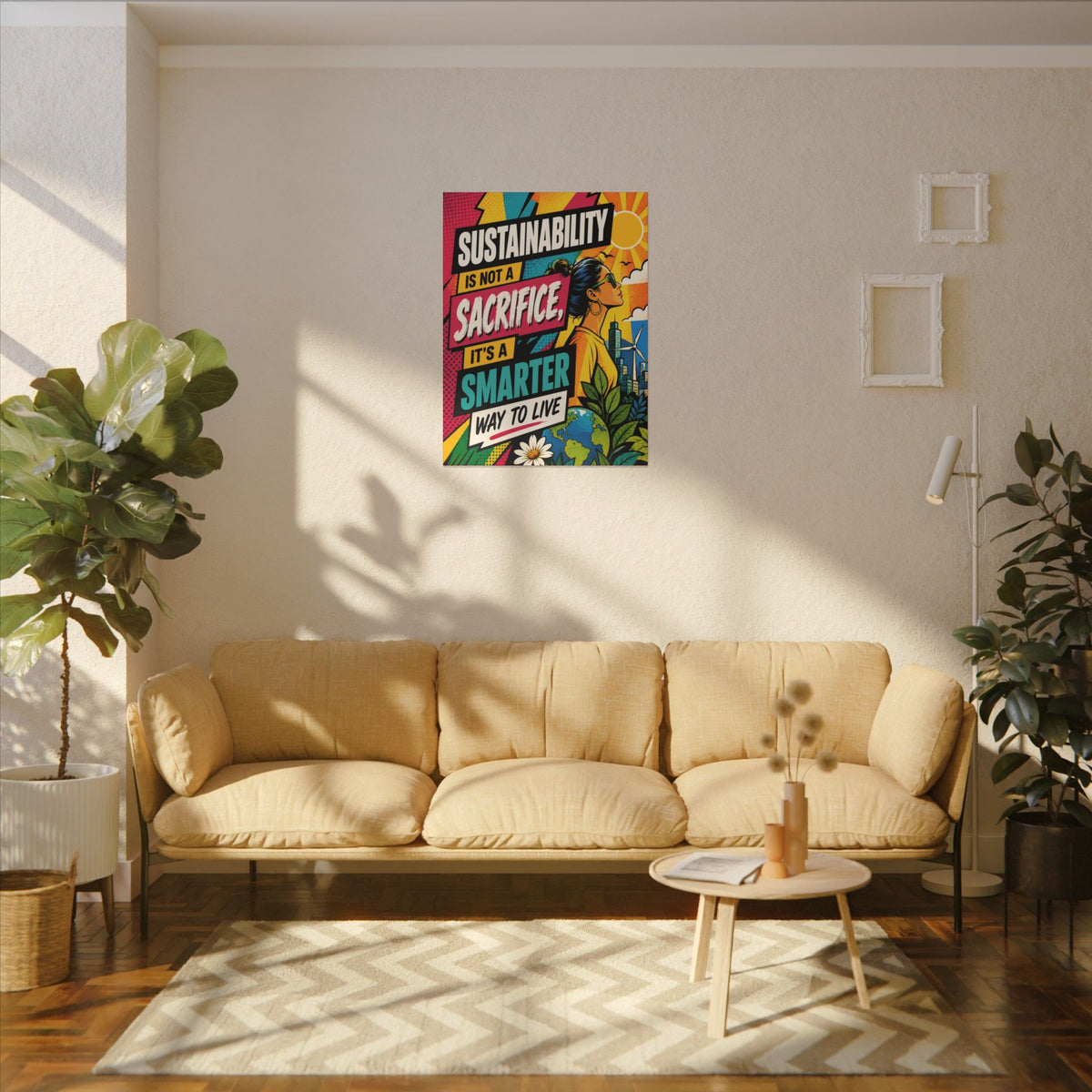 "SUSTAINABILITY IS NOT A SACRIFICE, IT'S A SMARTER WAY TO LIVE" (Pop culture art style). Earthsmart Eco Canvas Wall Art (Matte Stretched Print).