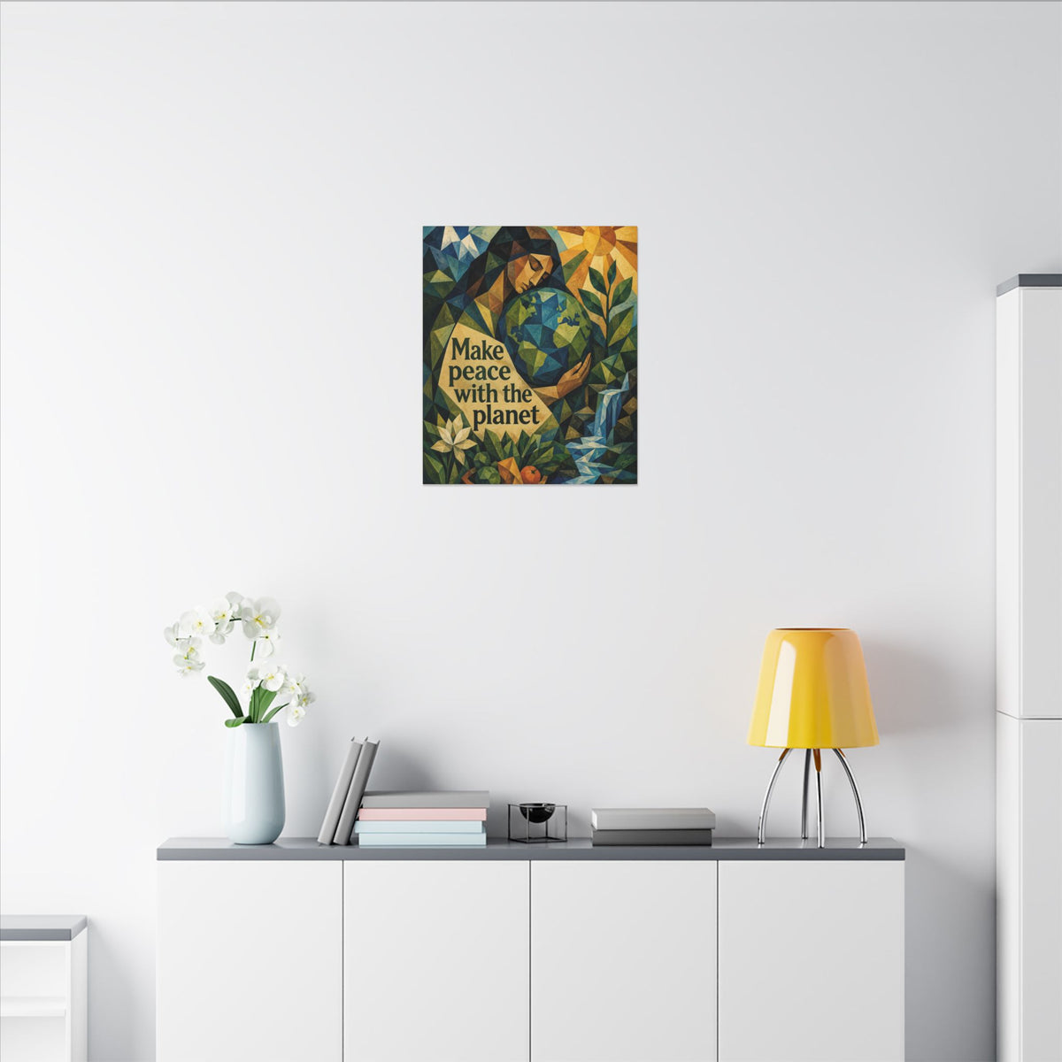 "MAKE PEACE WITH THE PLANET" (Cubist art style). Earthsmart Eco Canvas Wall Art (Matte Stretched Print).
