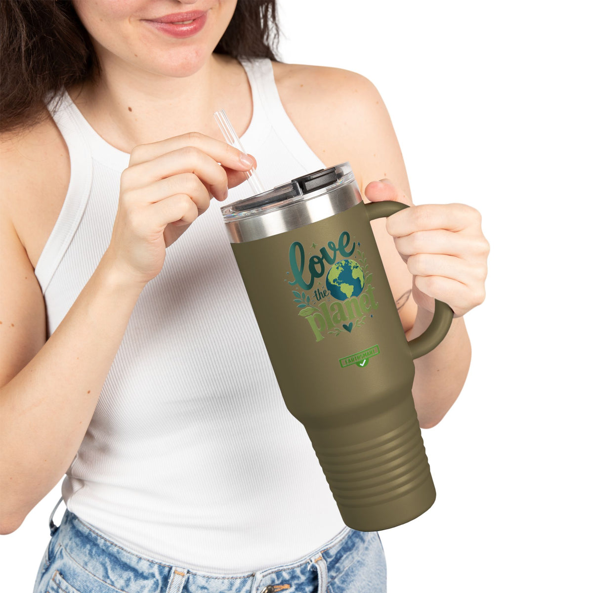 EARTHSMART ECO TUMBLER - 'LOVE THE PLANET' version -  100% stainless steel (body), 100% recycled plastic (straw and lid).(1.8L - 40OZ)