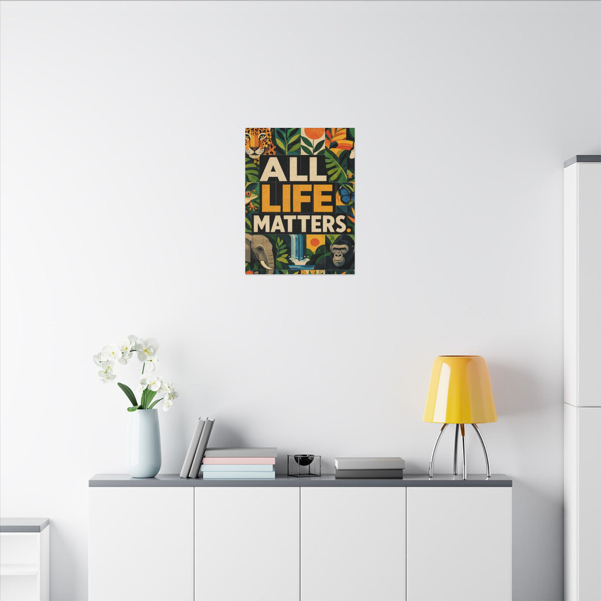 "ALL LIFE MATTERS" (Geometric art style) Earthsmart Canvas Wall Art — Jungle Wildlife. (Matte Stretched Print)