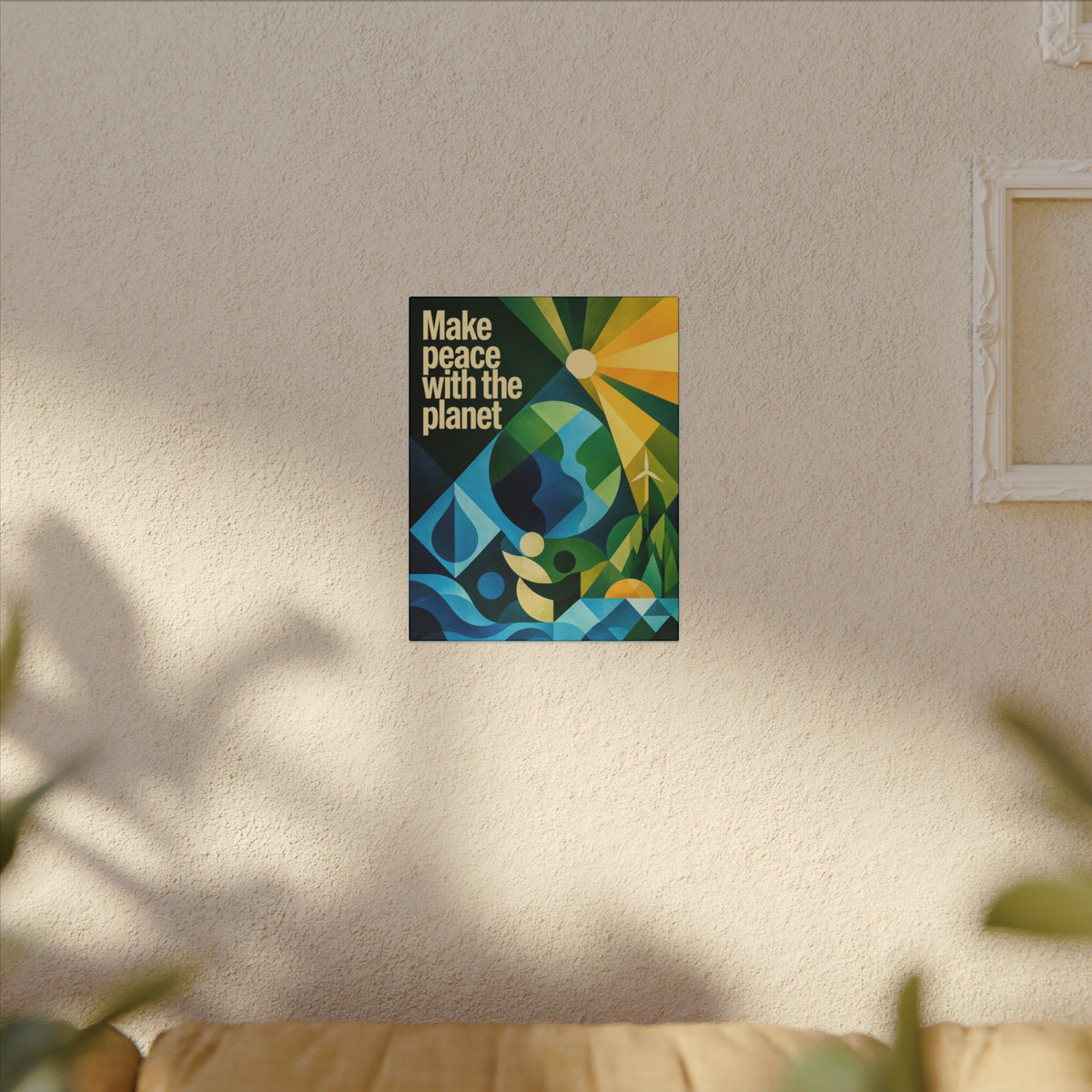 "MAKE PEACE WITH THE PLANET" (Radical Geometric art style). Earthsmart Eco Canvas Wall Art (Matte Stretched Print).