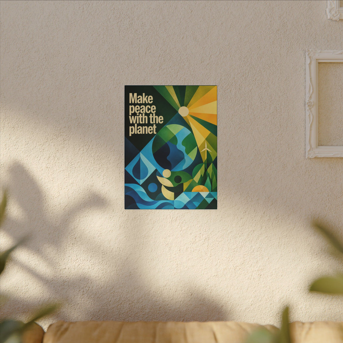 "MAKE PEACE WITH THE PLANET" (Radical Geometric art style). Earthsmart Eco Canvas Wall Art (Matte Stretched Print).