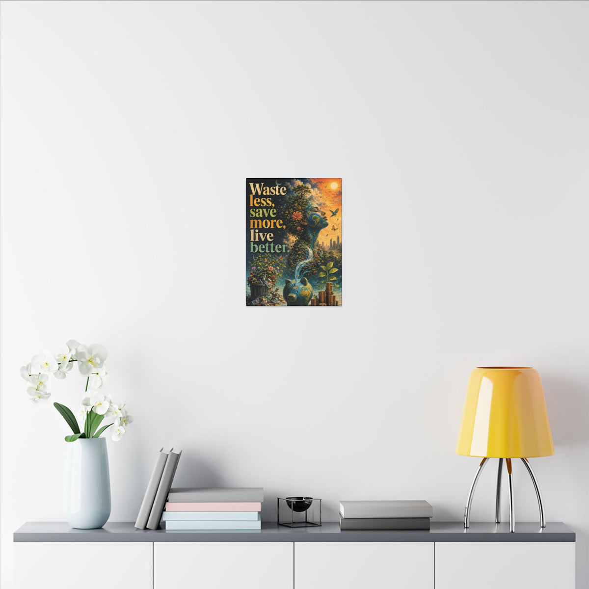 "WASTE LESS, SAVE MORE, LIVE BETTER." - Earthsmart Eco-Friendly Inspirational Wall Art.