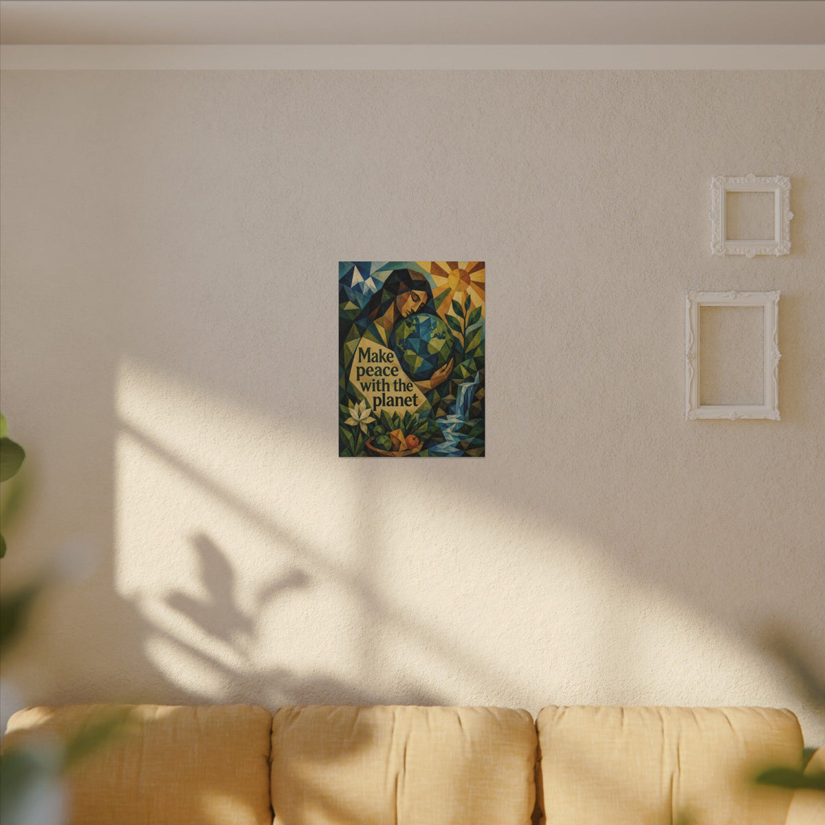 "MAKE PEACE WITH THE PLANET" (Cubist art style). Earthsmart Eco Canvas Wall Art (Matte Stretched Print).